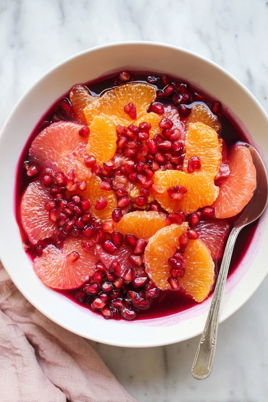 A white bowl filled with vibrant fruit layers sits on a white marbled surface. The bottom layer is a deep red juice or syrup, covering the bowl’s base. On top, there are bright orange segments and pink grapefruit pieces, both juicy and fresh. Scattered all over are shiny, ruby-red pomegranate seeds adding texture and sparkle. A silver spoon rests inside the bowl, peeking out from the right side. A soft light pink cloth is partially visible on the lower left side of the scene. Photo taken with an iphone --ar 2:3 --v 7 - Winter Citrus & Pomegranate Salad, citrus pomegranate salad, winter fruit salad, healthy citrus pomegranate salad, colorful winter salad