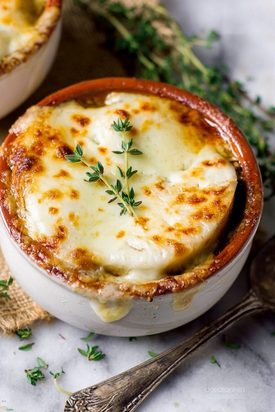 The image shows a round brown ceramic bowl filled with French onion soup. On top, there are two thick layers of melted cheese that look golden and bubbly, covering soft toasted bread underneath. The cheese is creamy white with spots of golden brown and has a smooth texture that slightly drips over the edge of the bowl. Beneath the cheese layer, dark caramelized onions in a rich broth are visible near the bowl's side. A few small green herb sprigs sit on top of the cheese, adding a fresh touch. The bowl is on a wooden surface with a silver spoon next to it against a white marbled background. Photo taken with an iphone --ar 2:3 --v 7 - Crockpot French Onion Soup with Cheese, caramelized onion soup, slow cooker French onion, cheesy French onion soup, easy French onion soup