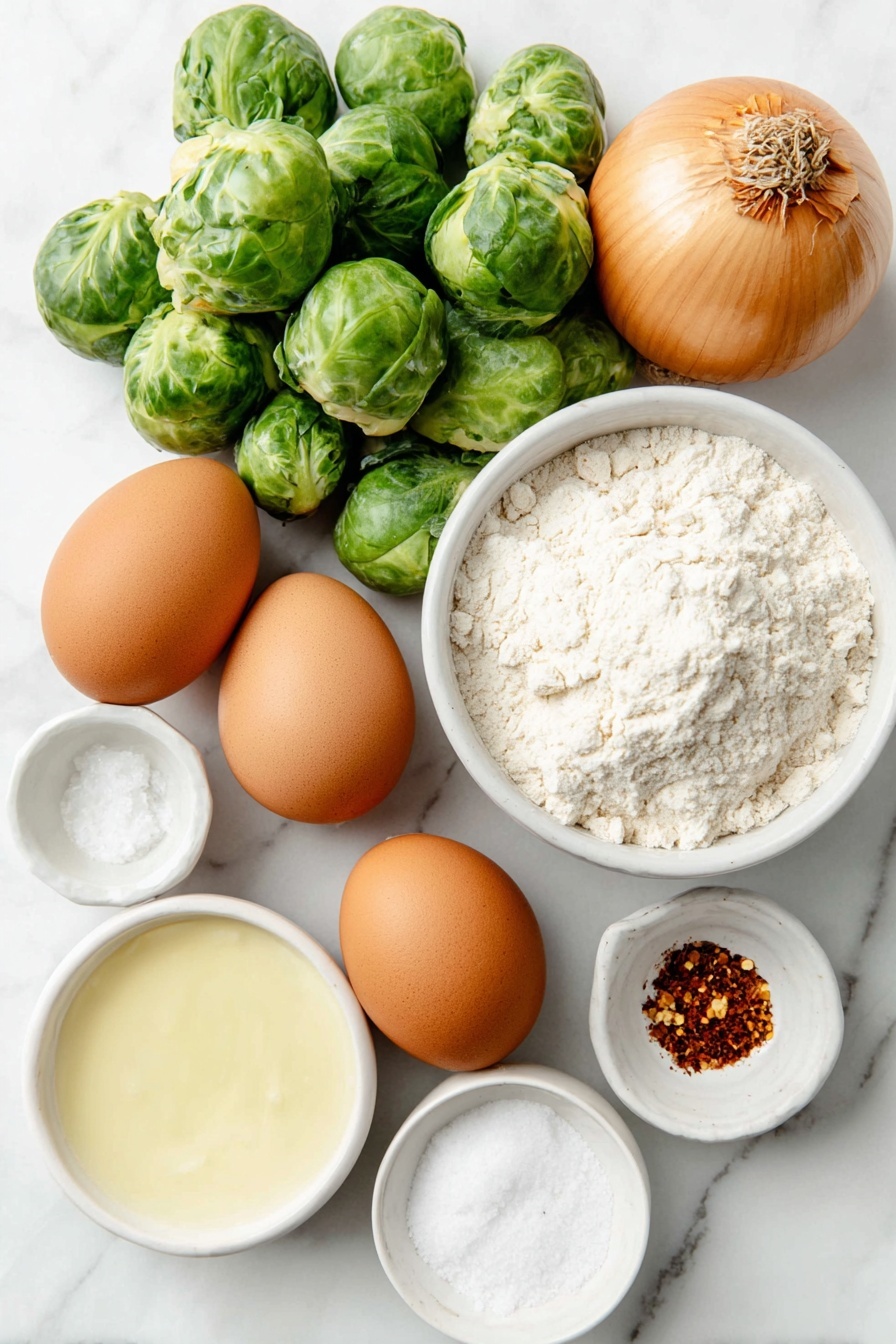 Flat lay of a small pile of fresh green Brussels sprouts, a medium sweet onion with golden brown skin, two large whole brown eggs with clean shells, a small white ceramic bowl filled with fine oat flour, a small white ceramic bowl holding coarse sea salt crystals, a small white ceramic bowl with a few fiery red pepper flakes, a small white ceramic bowl containing white baking soda powder, and a small white ceramic bowl with clear avocado oil, all arranged in perfect symmetry on a clean white marble surface, soft natural light, photo taken with an iPhone, professional food photography style, fresh ingredients, white ceramic bowls, no bottles, no duplicates, no utensils, no packaging --ar 2:3 --v 7 --p m7354615311229779997 - Baked Brussels Sprouts Latkes, healthy Brussels Sprouts snacks, baked veggie latkes, crispy Brussels Sprouts side dish, easy Brussels Sprouts appetizer