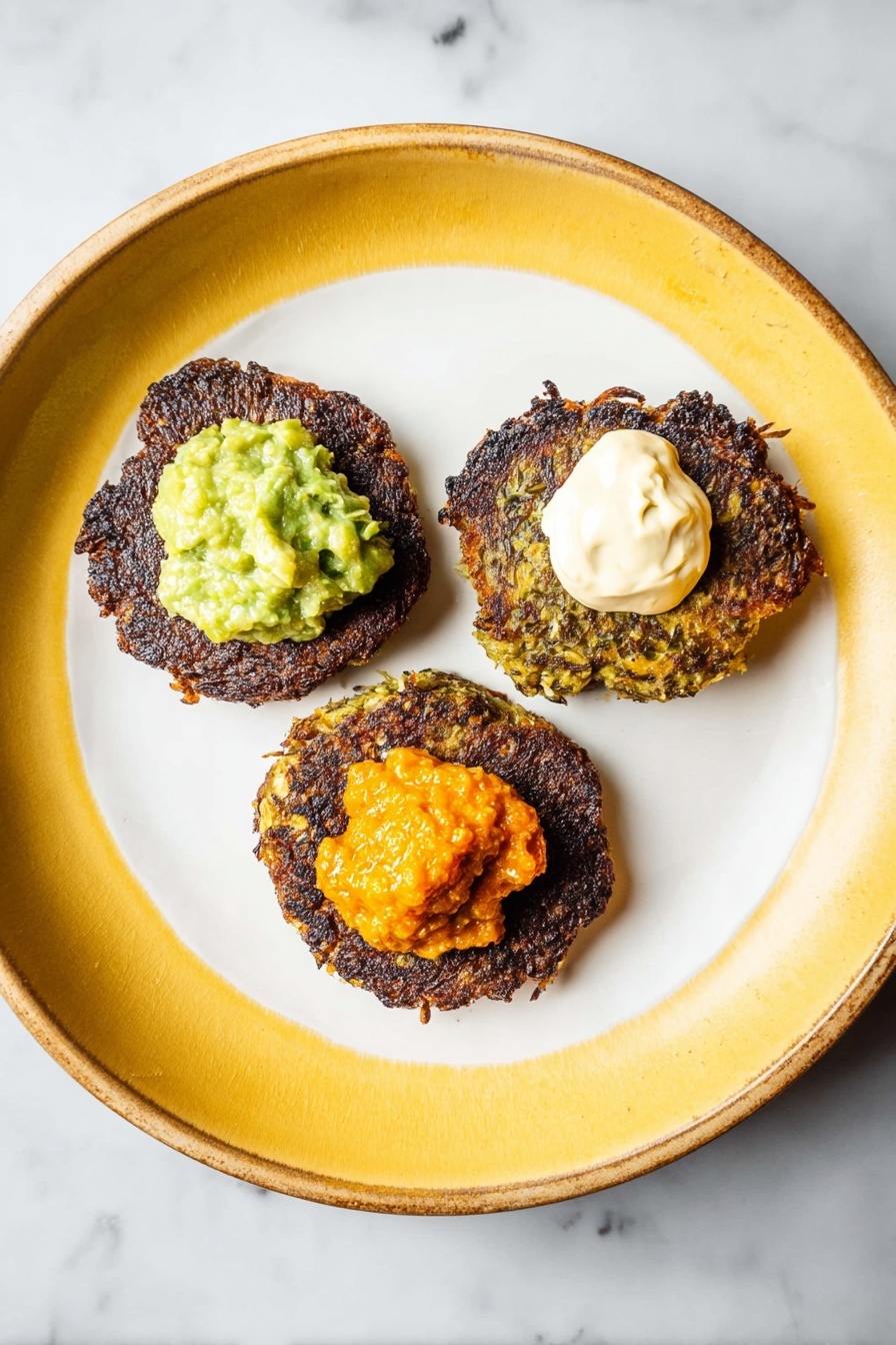 Three round, dark brown crispy patties are placed in a triangle shape on a large white plate with a yellow inside. Each patty has a different topping: the top left one has a chunky green guacamole, the top right one has a dollop of smooth white cream, and the bottom patty has a generous scoop of chunky orange sauce. The plate sits on a white marbled surface. photo taken with an iphone --ar 2:3 --v 7 - Baked Brussels Sprouts Latkes, healthy Brussels Sprouts snacks, baked veggie latkes, crispy Brussels Sprouts side dish, easy Brussels Sprouts appetizer