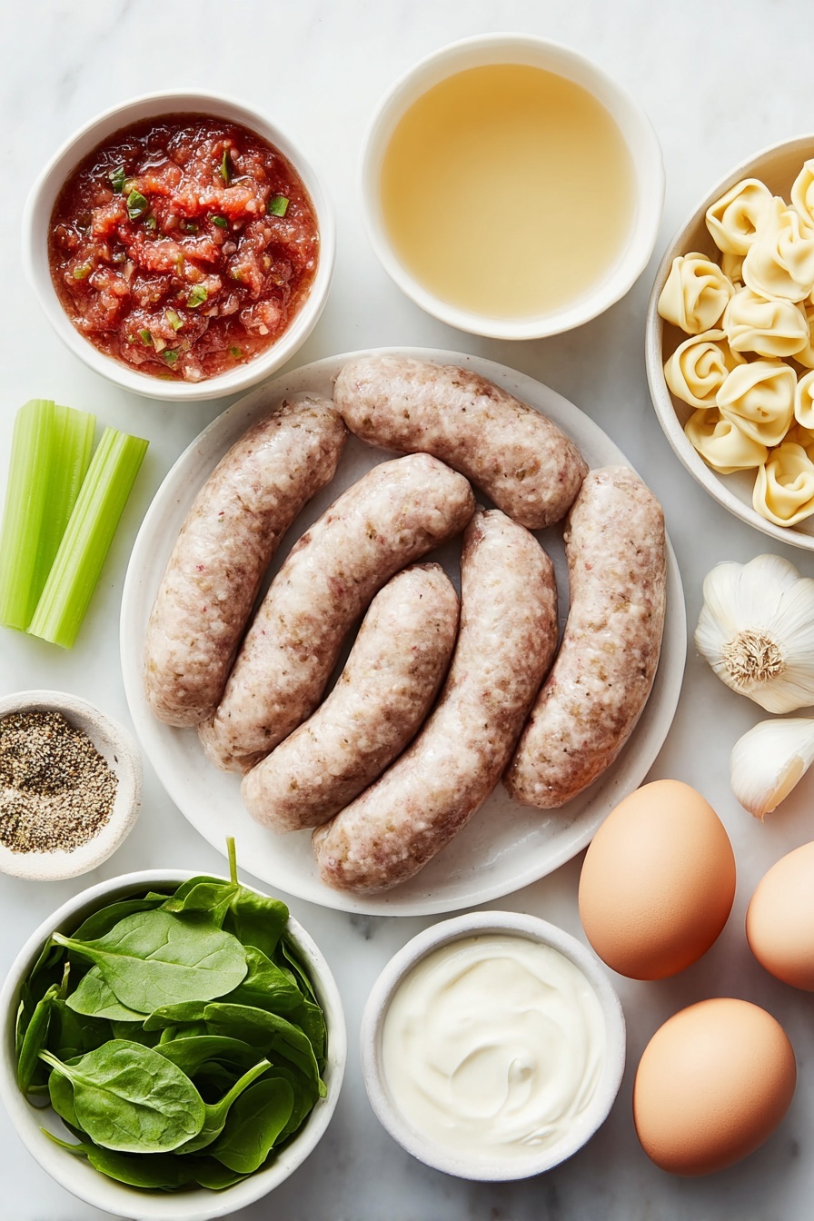 Flat lay of Italian sausage links with natural casing, a half of a medium onion finely chopped, two bright green celery sticks chopped, a small mound of white all-purpose flour, three whole cloves of garlic, a small white bowl filled with light golden chicken broth, a small white bowl of vibrant red diced tomatoes with juices, a pinch of dried Italian seasoning herbs, two generous cups of fresh cheese tortellini, a small white bowl of thick heavy cream, a packed handful of fresh baby spinach leaves, and two whole brown eggs with clean shells, all arranged symmetrically on simple white ceramic bowls and plates, placed on a clean white marble surface, soft natural light, photo taken with an iPhone, professional food photography style, fresh ingredients, white ceramic bowls, no bottles, no duplicates, no utensils, no packaging --ar 2:3 --v 7 --p m7354615311229779997 - Italian Sausage Tortellini Soup, hearty pasta soup, creamy sausage soup, quick Italian soup recipe, comforting tortellini soup