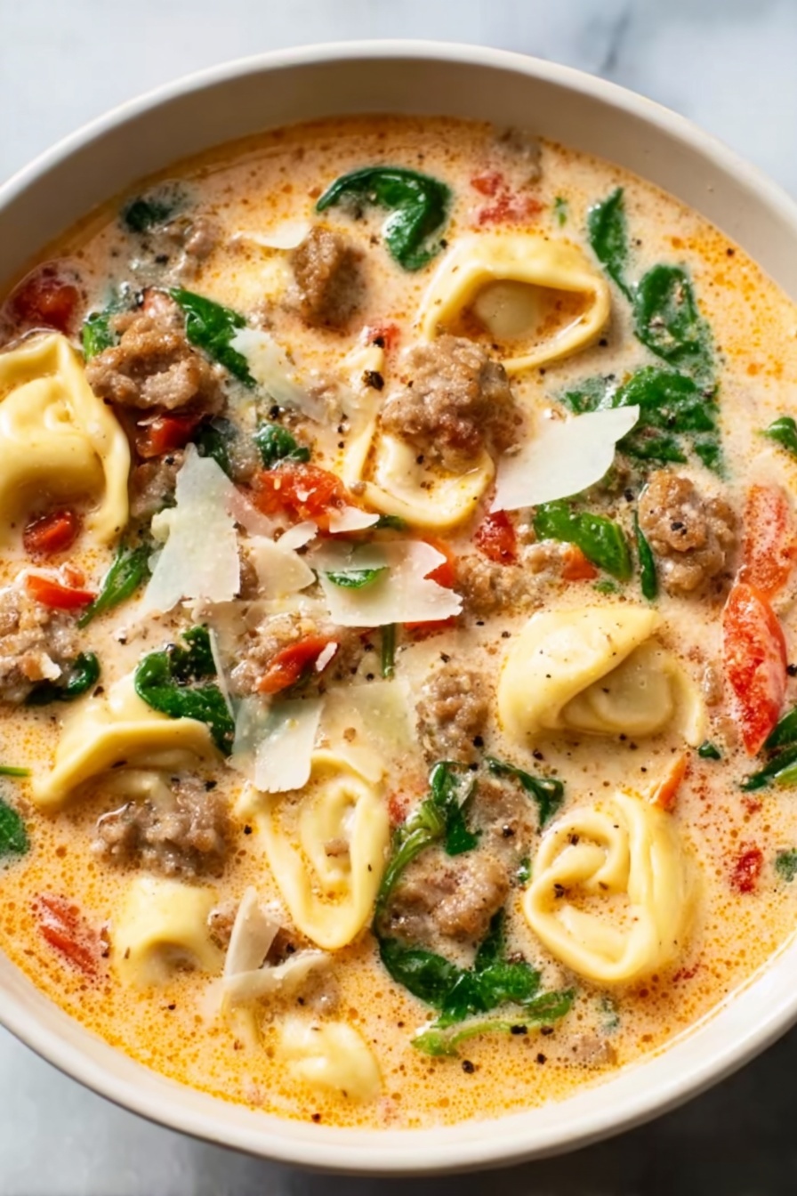 A white bowl filled with a creamy soup that has a light orange tint, layered with pieces of tortellini pasta that are pale yellow with folds. Scattered throughout are browned sausage chunks, wilted green spinach leaves, and soft red tomato pieces. Thin shavings of pale cheese float on top, partly melted into the warm soup. The bowl sits on a white marbled surface. Photo taken with an iphone --ar 2:3 --v 7 - Italian Sausage Tortellini Soup, hearty pasta soup, creamy sausage soup, quick Italian soup recipe, comforting tortellini soup