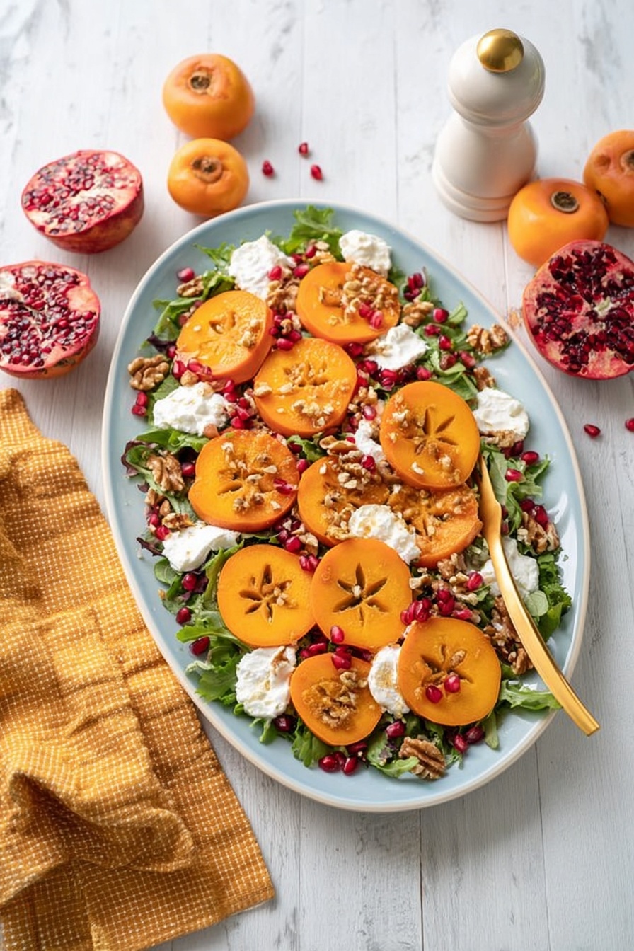 A white plate holds a fresh salad spread in layers, starting with a base of green arugula leaves scattered unevenly. On top, bright orange persimmon slices with a star pattern are laid flat in overlapping circles. Creamy white dollops of soft cheese are placed on the arugula and persimmons, creating a textured contrast. Small red pomegranate seeds are sprinkled over the dish, adding vibrant spots of color. Rough walnut pieces are scattered over everything, giving a crunchy look. A gold salad fork is set on the left edge of the plate, and two whole persimmons and pomegranate seeds rest on the white marbled surface around the plate. Photo taken with an iphone --ar 2:3 --v 7 - Persimmon Burrata Salad with Balsamic Dressing, seasonal fall salad recipes, easy fruit and cheese salad, quick gourmet salad ideas, healthy appetizer recipes