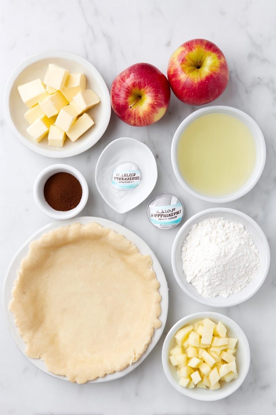 Flat lay of flaky pie dough rolled out on a simple white ceramic plate, a small mound of all-purpose flour nearby, a few small cubes of unsalted butter on a white bowl, dark brown sugar in a small white bowl, a white bowl with a blend of apple pie spices, a white bowl with clear water, a small white bowl holding freshly squeezed lemon juice, a small white bowl with vanilla extract, a few large kosher salt crystals on the side, two medium Pink Lady apples—one whole with bright red and yellow skin, the other peeled and finely diced in a neat pile on a white dish, and a small white bowl containing cornstarch, all arranged symmetrically and naturally placed on a clean white marble surface, soft natural light, photo taken with an iPhone, professional food photography style, fresh ingredients, white ceramic bowls, no bottles, no duplicates, no utensils, no packaging --ar 2:3 --v 7 --p m7354615311229779997 - Mini Apple Tarts, apple tart recipe, bite-sized apple desserts, easy apple tart instructions, flaky apple tart pastry