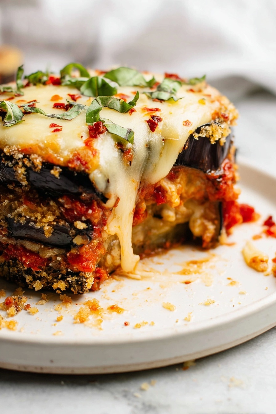 A close-up view of a layered eggplant parmesan piece on a white plate with a white marbled texture in the background. The dish has three main layers: the bottom layer is dark purple eggplant with a crispy golden-brown breadcrumb coating, the middle layer is a mix of chunky red tomato sauce and baked eggplant, and the top layer is melted light golden cheese sprinkled with fresh green basil pieces and small bits of red chili flakes. Some melted cheese strands stretch down the side, with scattered crumbs and herbs around the plate. Photo taken with an iphone --ar 2:3 --v 7 - Crispy Eggplant Parmesan Bites, eggplant appetizer, crispy eggplant snacks, Italian eggplant bites, party appetizer ideas