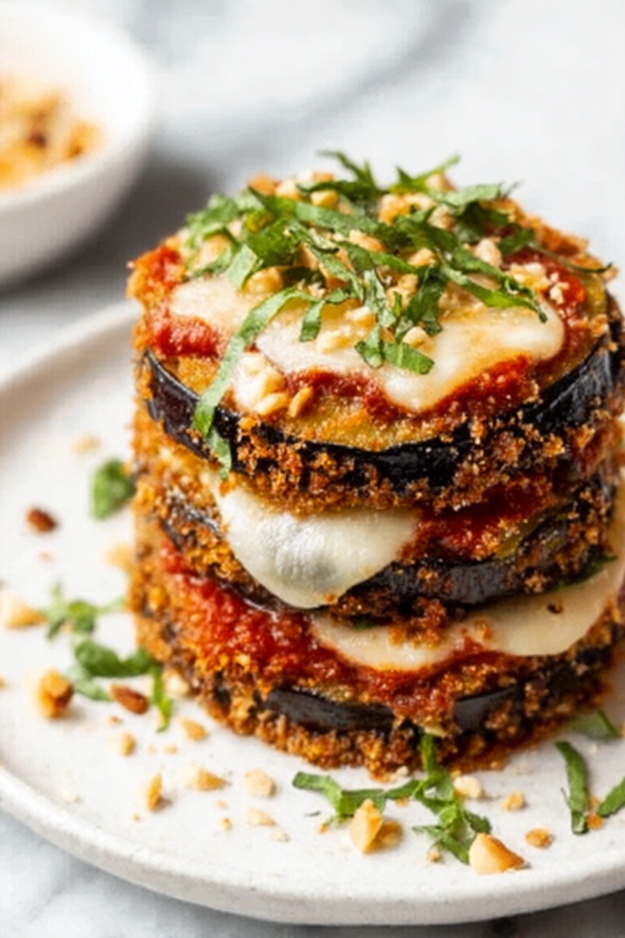 The image shows a stack of four breaded and fried eggplant slices on a white plate. Each slice has a crispy golden brown crumb coating on the edges with a dark purple center of the eggplant visible. Between the eggplant layers, there are melted cheese and a red tomato sauce layer. The top slice is covered with melted cheese, tomato sauce, sprinkled red pepper flakes, and fresh green basil pieces. The plate sits on a white marbled surface with a blurred white cloth with a black grid pattern in the background. photo taken with an iphone --ar 2:3 --v 7 - Crispy Eggplant Parmesan Bites, eggplant appetizer, crispy eggplant snacks, Italian eggplant bites, party appetizer ideas