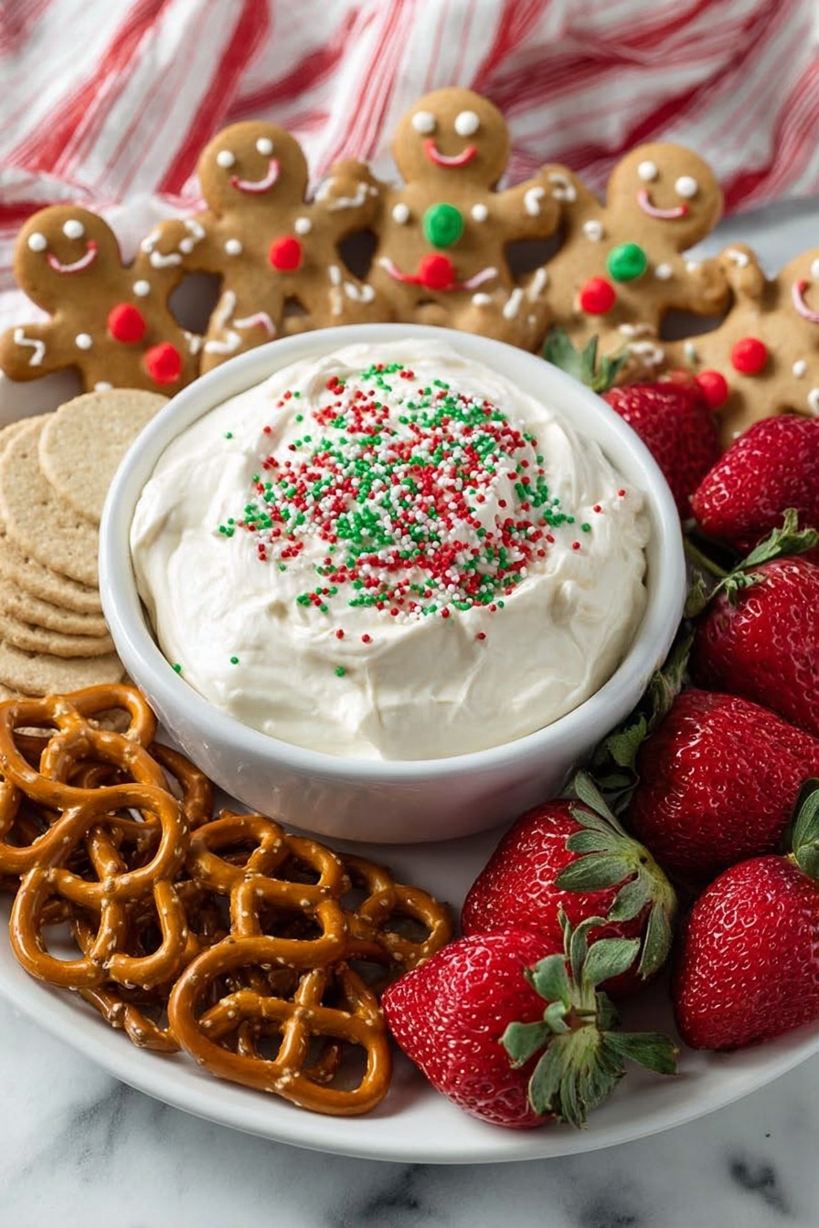 A white bowl sits in the center of a silver tray, filled with creamy white dip topped with red, green, and white Christmas-themed sprinkles. Around the bowl, there are several gingerbread man cookies with smiling faces, light brown apple slices, whole strawberries with green leaves, golden pretzels, and light brown graham crackers. The tray is placed on a white marbled surface with a red and white cloth nearby. photo taken with an iphone --ar 2:3 --v 7 - Festive Cookie Dough Dip, holiday dessert dip, easy holiday dessert, cookie dough appetizer, festive party dip