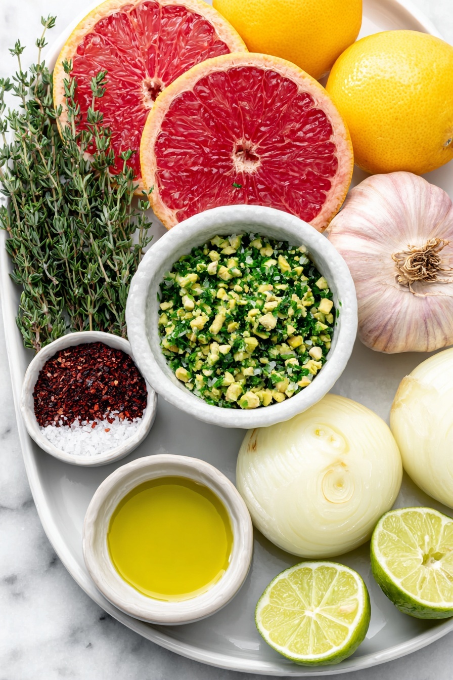 Flat lay of a variety of whole citrus fruits including blood oranges, mandarins, and grapefruits, a whole Vidalia onion with smooth pale purple skin, a few thinly sliced half-moon onion crescents arranged neatly on a large simple white ceramic platter, a small white bowl filled with roughly chopped green pistachios, three fresh thyme sprigs with tiny green leaves, a small white bowl with bright green extra virgin olive oil, a small white bowl containing freshly grated lime zest, a whole uncracked lime, a small white bowl holding coarse Maldon sea salt crystals, and a small white bowl with deep red smoked paprika powder, all arranged with perfect symmetry and balanced proportions, placed on a clean white marble surface, soft natural light, photo taken with an iPhone, professional food photography style, fresh ingredients, white ceramic bowls, no bottles, no duplicates, no utensils, no packaging --ar 2:3 --v 7 --p m7354615311229779997 - Spicy Citrus Salad with Pistachios and Thyme, citrus salad recipe, spicy fruit salad, pistachio salad with herbs, healthy citrus salad