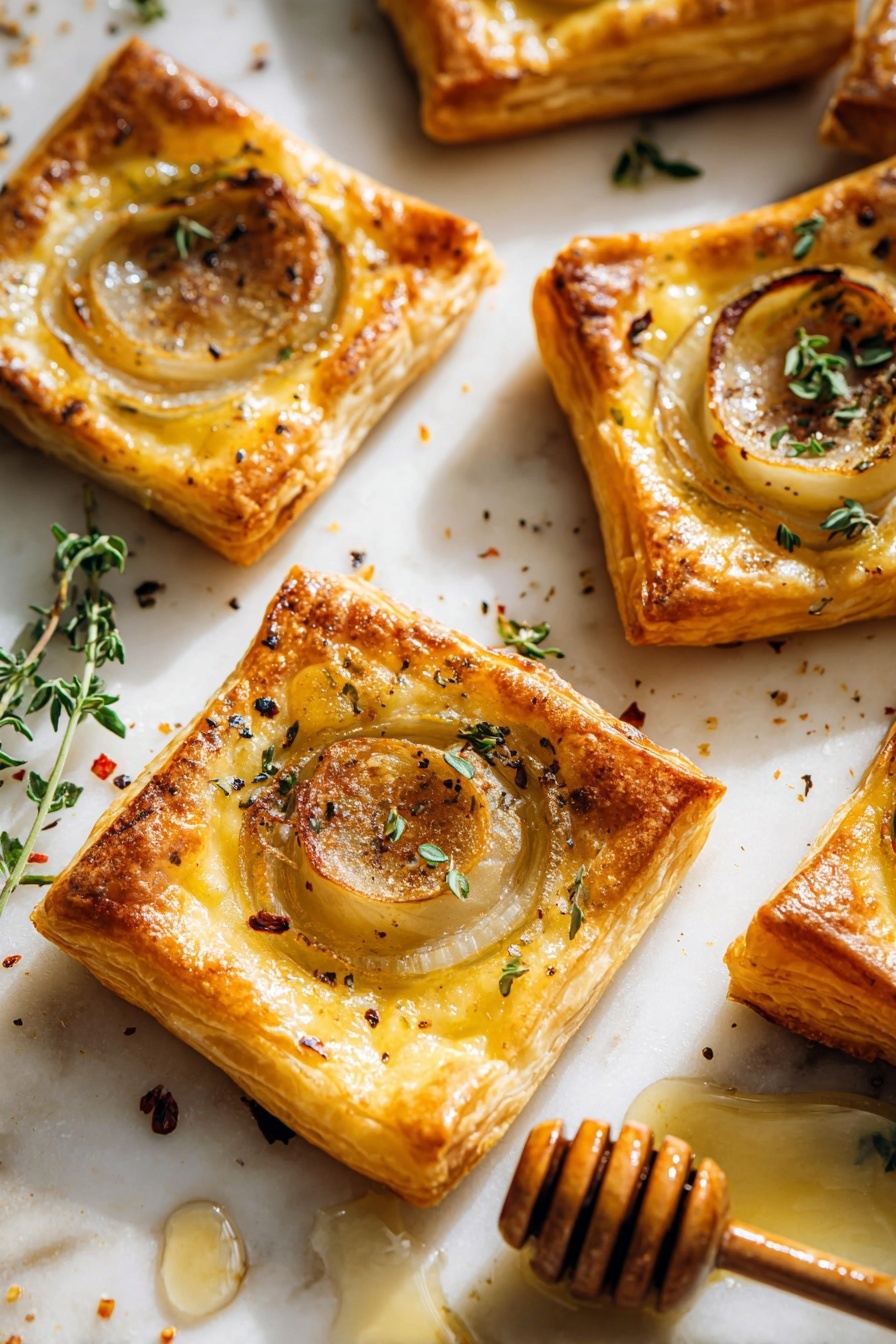 Several square puff pastry tarts are placed on a white marbled surface. Each tart has three main layers: a golden-brown crispy pastry base, a lighter yellow layer of melted cheese, and a thin, translucent round slice of cooked onion in the center. The onion slices have a slightly caramelized texture with some darker, browned edges. Small green fresh herb leaves, likely thyme, are scattered on top, along with a sprinkling of black pepper and red chili flakes. A honey dipper with some honey spilled near the tarts is visible on the right side of the image, adding a sticky shine to the scene. The light creates soft shadows that highlight the flaky texture of the pastry and the shine on the onions. Photo taken with an iphone --ar 2:3 --v 7 - Upside-Down Onion Gruyere Tarts, savory onion tart recipe, easy gourmet appetizers, caramelized onion tart, cheesy onion tart with Gruyere