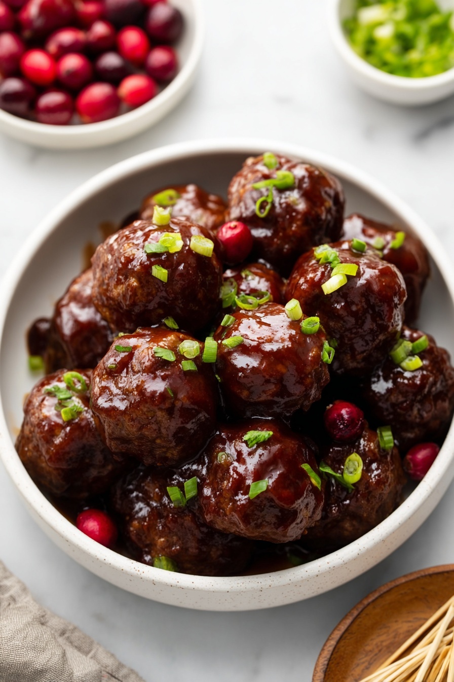 A white bowl filled with eight dark brown meatballs covered in glossy, thick sauce. The meatballs are round and uneven in shape, arranged close together, with small bright green chopped scallions sprinkled on top. A few red cranberries are visible between the meatballs at the base. The bowl sits on a white marbled surface surrounded by small white bowls of cranberries, scallions, and wooden picks. Photo taken with an iphone --ar 2:3 --v 7 - Cranberry BBQ Meatballs Turkey Slow Cooker recipe, easy holiday appetizer, crowd-pleasing meatball recipes, festive game day snacks, savory cranberry meatballs