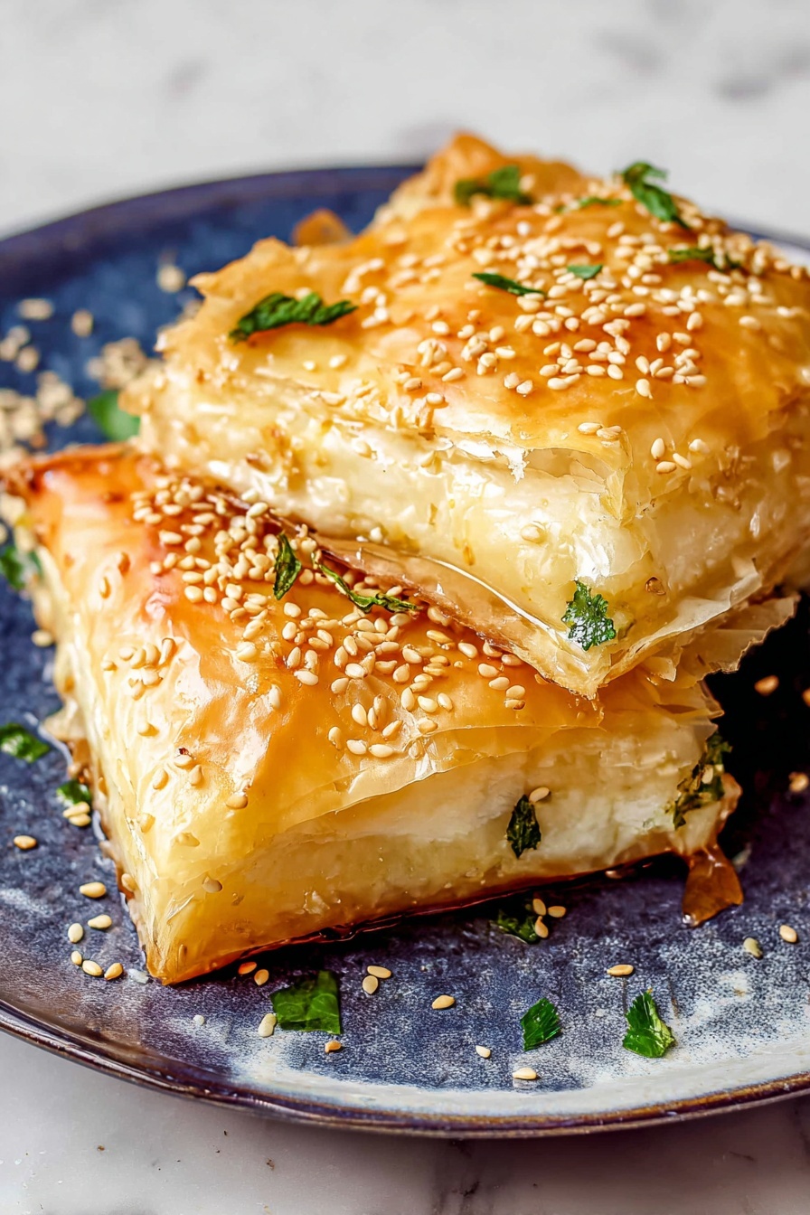 Two square pieces of golden, flaky pastry sit on a white plate with a marbled texture, topped with shiny honey glaze and sprinkled with toasted sesame seeds and small green herb leaves. The top layer is crisp and slightly cracked, showing some thin edges peeling up, while the inside layer reveals a soft, creamy white filling. Loose sesame seeds scatter around the plate, adding texture, and the plate rests on a white marbled surface. Photo taken with an iphone --ar 2:3 --v 7 - Baked Feta with Honey and Phyllo, baked feta appetizer, honey feta recipe, savory sweet appetizer, Greek-inspired feta dish