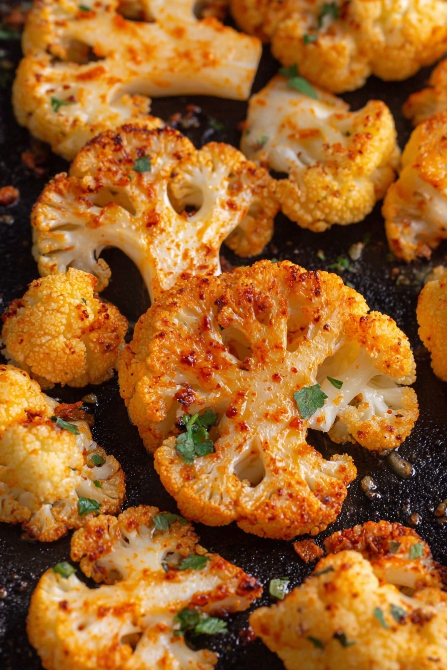 This image shows a close-up of roasted cauliflower slices laid out on a dark cooking surface. Each cauliflower slice has a golden-orange color from spices and roasting, with some crispy, slightly charred edges. The texture varies between tender white flesh inside and crunchy browned spots outside. Small bits of green herbs are sprinkled on top, adding color contrast. The cauliflower pieces vary in size but mostly are thick rounds or chunks with visible florets. photo taken with an iphone --ar 2:3 --v 7 - Oven Roasted Cauliflower Steaks, oven roasted cauliflower, cauliflower steak recipe, roasted cauliflower sides, healthy cauliflower appetizer
