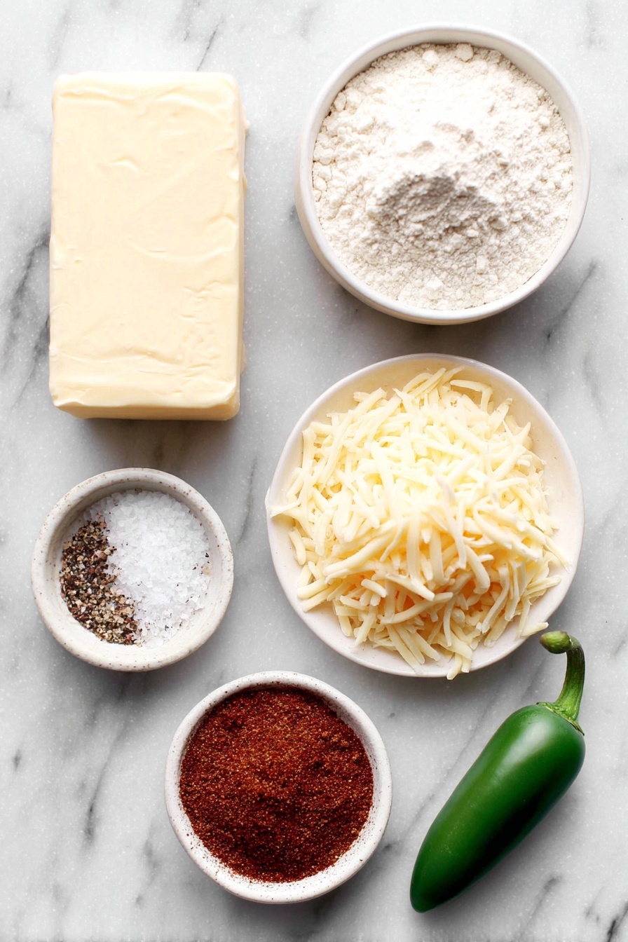 Flat lay of a stick of unsalted butter, a small mound of shredded sharp cheddar cheese, a small white ceramic bowl filled with all-purpose flour, a small white ceramic bowl containing coarse salt, a small white ceramic bowl with vibrant red chipotle powder, a fresh green jalapeño pepper whole, a small white ceramic bowl holding ground black pepper, and a tiny white ceramic dish with flaked sea salt crystals, all arranged in perfect symmetry on a clean white marble surface, soft natural light, photo taken with an iPhone, professional food photography style, fresh ingredients, white ceramic bowls, no bottles, no duplicates, no utensils, no packaging --ar 2:3 --v 7 --p m7354615311229779997 - Chipotle Cheddar Crackers, spicy cheese crackers, homemade snack ideas, smoky cracker recipe, flavorful cheesy snacks