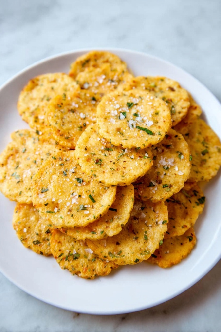 A white plate holds a pile of small round crackers with a golden-yellow color. Each cracker is thin and has a rough texture with tiny green herb bits spread throughout. The crackers are stacked unevenly, some overlapping others, and have coarse sea salt crystals sprinkled on top, which add white specks. The plate is set on a white marbled surface. photo taken with an iphone --ar 2:3 --v 7 - Chipotle Cheddar Crackers, spicy cheese crackers, homemade snack ideas, smoky cracker recipe, flavorful cheesy snacks