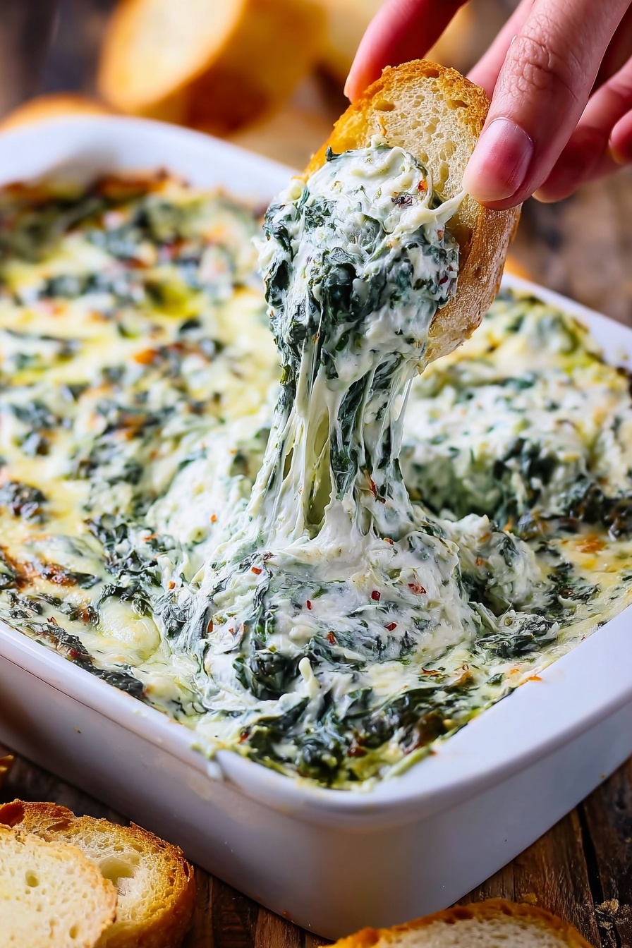 A white square dish is filled with creamy spinach dip that has a rich white color mixed with dark green spinach leaves and bits of melted light yellow cheese throughout. A woman's hand holding a piece of light brown crusty bread is dipping into the thick, stringy spinach dip, stretching the creamy mixture upwards. The dish is placed on a wooden surface with slices of bread blurred in the background. The creamy texture of the dip looks smooth and soft, with vibrant green spinach pieces scattered evenly. photo taken with an iphone --ar 2:3 --v 7 - Hot Spinach Dip, spinach dip recipe, cheesy spinach dip, quick spinach appetizer, creamy spinach dip