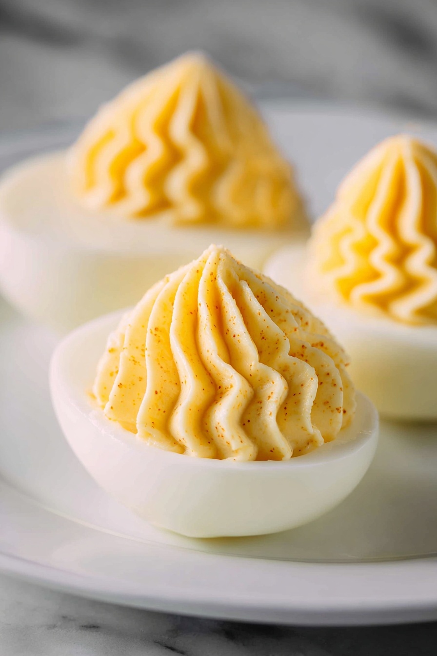 The image shows three deviled eggs on a white plate, each with a smooth white egg white base and a creamy yellow filling on top. The filling is piped in a decorative, ridged swirl with fine lines and small specks visible inside, giving a textured look. The eggs are arranged in a slight diagonal, with the closest egg in clear focus and the other two softly blurred in the background over a white marbled surface. The lighting highlights the creamy texture and soft shadows around the eggs, showing the delicate curves of the yolk mixture photo taken with an iphone --ar 2:3 --v 7 - Creamy Classic Deviled Eggs, deviled eggs recipe, easy party appetizers, creamy deviled eggs, classic egg salad appetizers