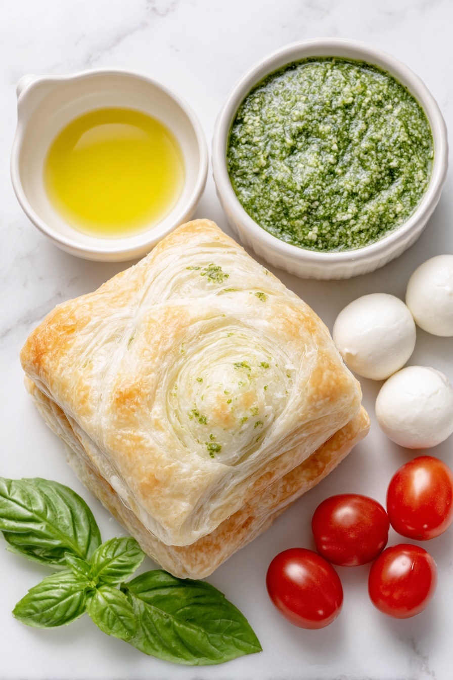 Flat lay of two sheets of fresh golden puff pastry neatly stacked, a small white ceramic bowl of vibrant green basil pesto, a few small balls of soft white mozzarella cheese, a cluster of bright red cherry tomatoes, a small white bowl containing clear melted butter, and a few bright green fresh basil leaves artfully arranged, placed on a clean white marble surface, soft natural light, photo taken with an iPhone, professional food photography style, fresh ingredients, white ceramic bowls, no bottles, no duplicates, no utensils, no packaging --ar 2:3 --v 7 --p m7354615311229779997 - Puff Pastry Christmas Tree Appetizer, festive holiday appetizers, easy Christmas appetizer recipes, party finger foods for Christmas, holiday puff pastry ideas