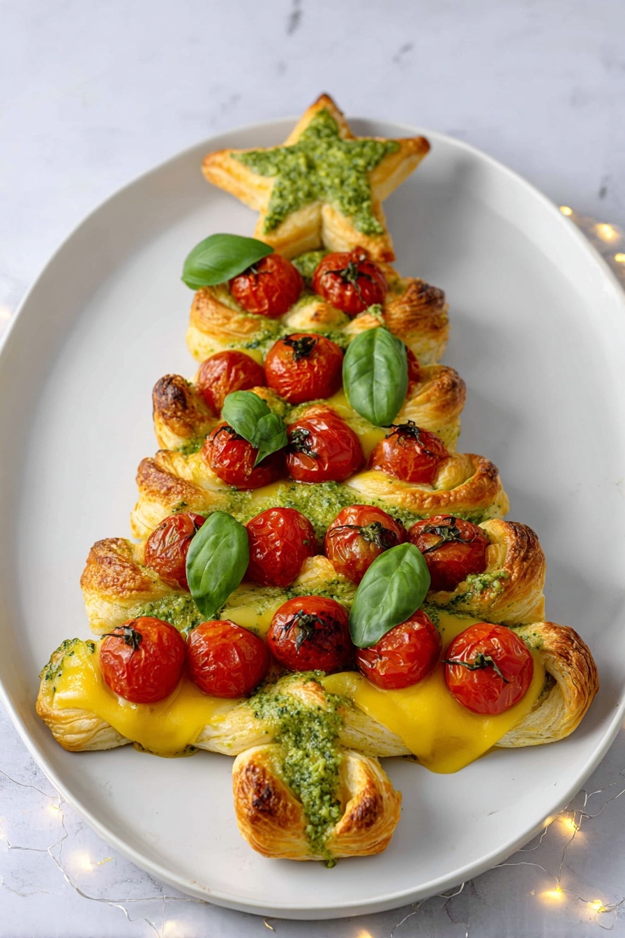 The dish is shaped like a Christmas tree on a white plate with a white marbled surface background. It has three main layers: the bottom and middle layers are made of golden brown puff pastry twisted into branches with a light green pesto sauce drizzled on top. The center layer is a smooth, bright yellow melted cheese base. Bright red cherry tomatoes are placed in vertical rows in the middle and among the branches, and fresh green basil leaves are scattered evenly on top for decoration. At the top of the tree is a star-shaped puff pastry piece with green pesto sauce in the center. Photo taken with an iphone --ar 2:3 --v 7 - Puff Pastry Christmas Tree Appetizer, festive holiday appetizers, easy Christmas appetizer recipes, party finger foods for Christmas, holiday puff pastry ideas