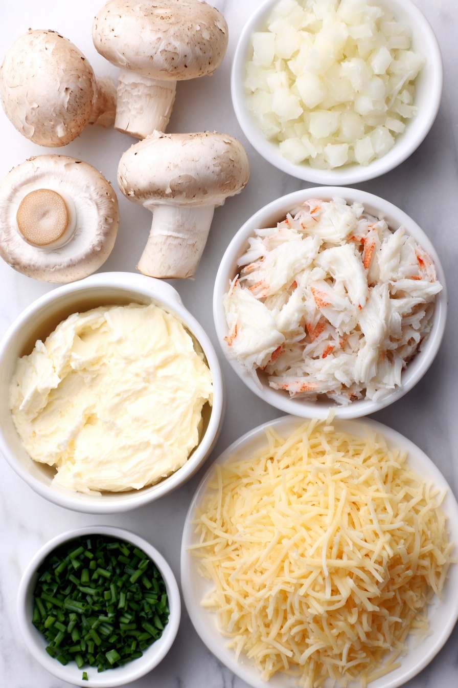 Flat lay of fresh whole white button mushrooms with stems removed, a small pat of creamy butter, finely diced white onion in a small white bowl, minced garlic cloves beside the bowl, fresh lump crab meat arranged delicately on a white ceramic plate, a small white bowl of softened cream cheese, shredded Monterey Jack cheese loosely piled on a white dish, finely grated Parmesan cheese in a tiny white bowl, a few vibrant green sliced chives scattered neatly on the surface, and a small white bowl of golden panko breadcrumbs, all arranged symmetrically on a clean white marble surface, soft natural light, photo taken with an iPhone, professional food photography style, fresh ingredients, white ceramic bowls, no bottles, no duplicates, no utensils, no packaging --ar 2:3 --v 7 --p m7354615311229779997 - Crab Stuffed Mushrooms Bites, savory crab mushroom appetizers, easy seafood appetizers, gourmet mushroom bites, crowd-pleasing crab starters
