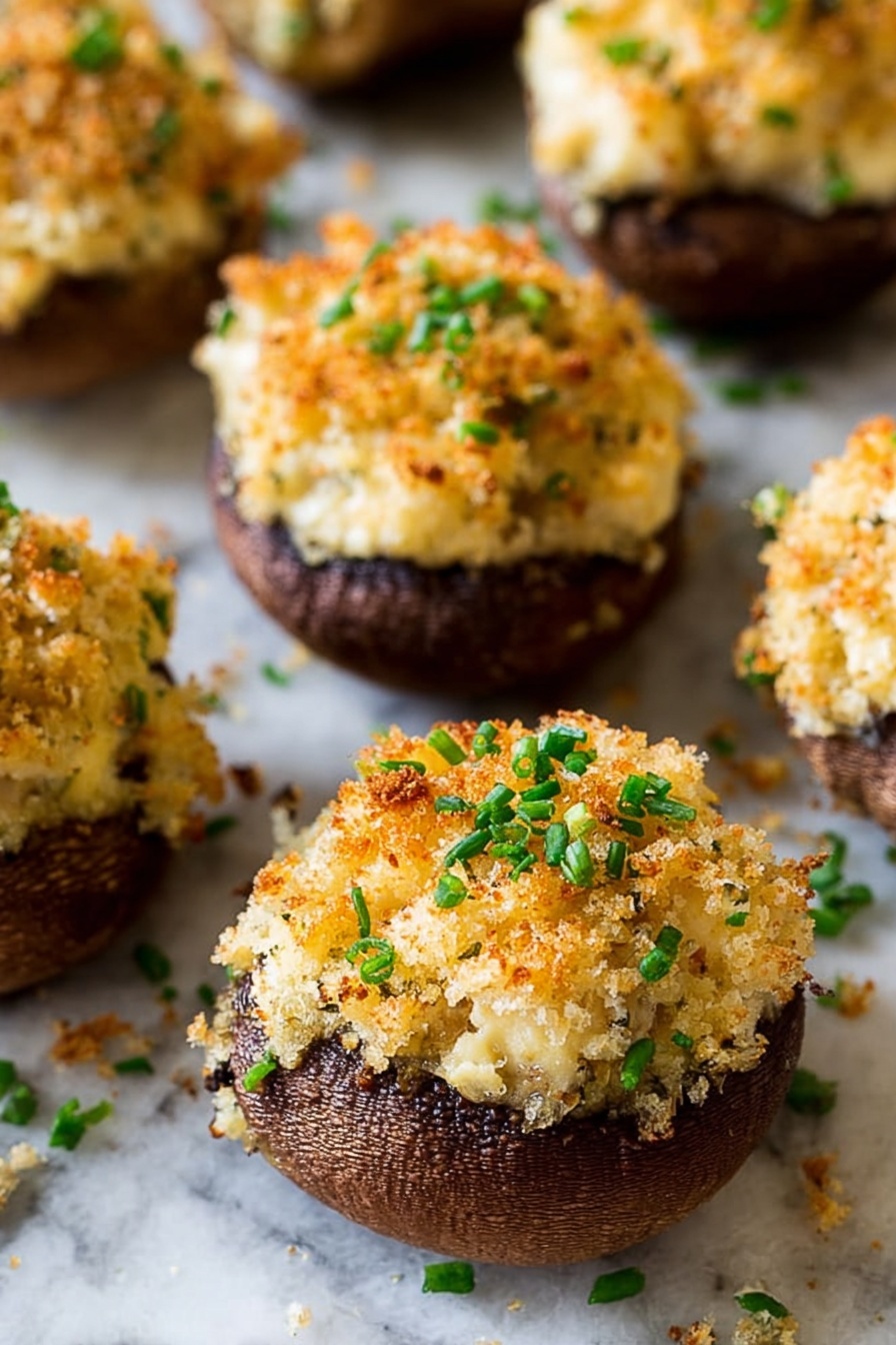 This image shows close-up stuffed mushrooms placed on a white marbled surface. Each mushroom has a dark brown base that is hollowed out and filled with a thick, creamy light beige filling. On top of the filling, there is a golden brown, crunchy breadcrumb layer with a rough texture. Small bright green chopped chives are sprinkled over the breadcrumbs, adding a fresh pop of color. The mushrooms are arranged closely together, showing a warm, baked look with slight browning on the crumbs. photo taken with an iphone --ar 2:3 --v 7 - Crab Stuffed Mushrooms Bites, savory crab mushroom appetizers, easy seafood appetizers, gourmet mushroom bites, crowd-pleasing crab starters