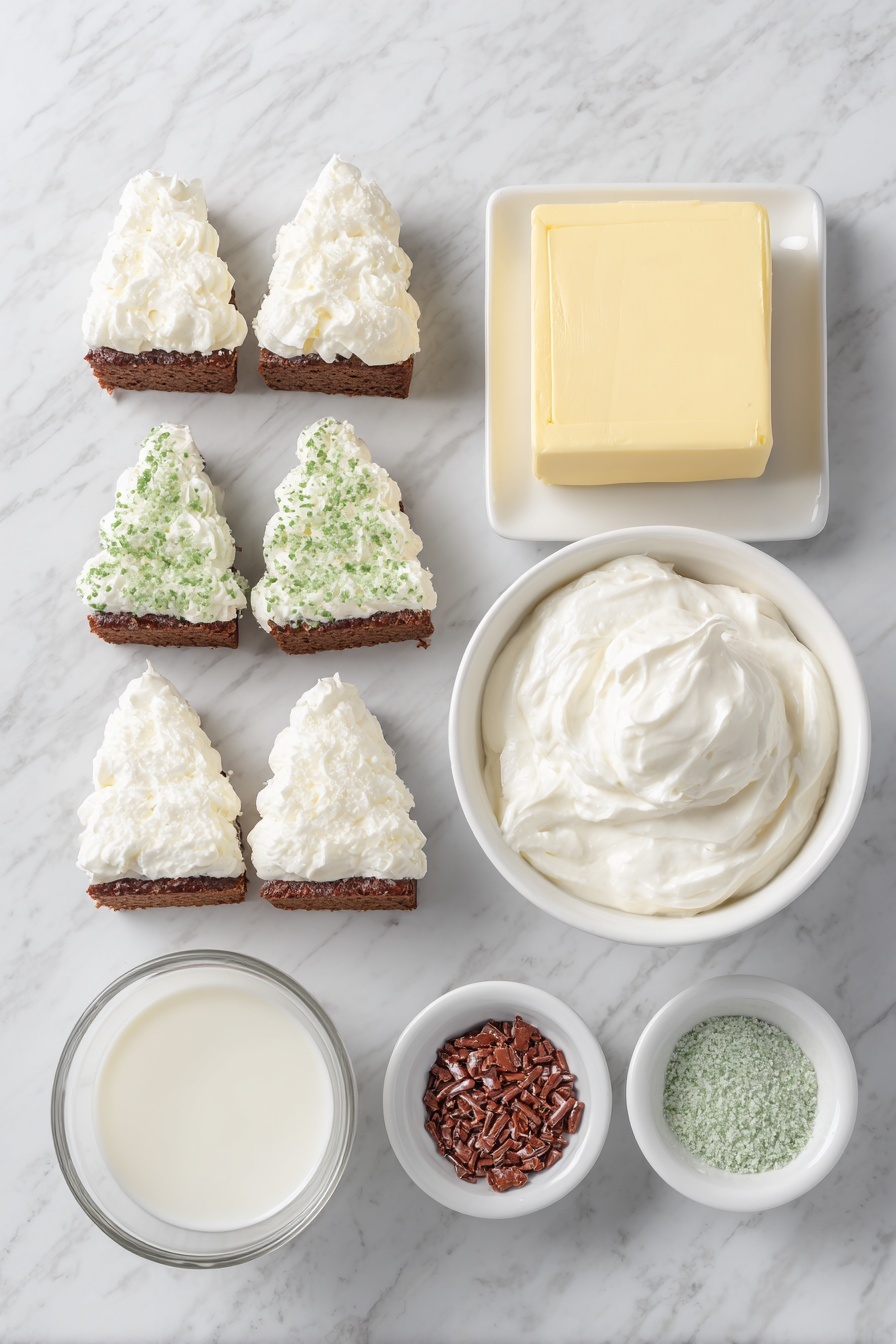 Flat lay of five small rectangular snack cakes decorated like Christmas trees with green and white frosting, one extra snack cake placed upright, a block of smooth cream cheese, a small white bowl filled with white cool whip, a tiny white bowl with clear milk, a tiny white bowl holding fine red sugar sprinkles, and another tiny white bowl with fine green sugar sprinkles, all arranged symmetrically and evenly spaced on a clean white marble surface, soft natural light, photo taken with an iPhone, professional food photography style, fresh ingredients, white ceramic bowls, no bottles, no duplicates, no utensils, no packaging --ar 2:3 --v 7 --p m7354615311229779997 - Christmas Tree Dessert Dip, festive holiday dessert, easy Christmas dessert, holiday party dip, Christmas treat ideas