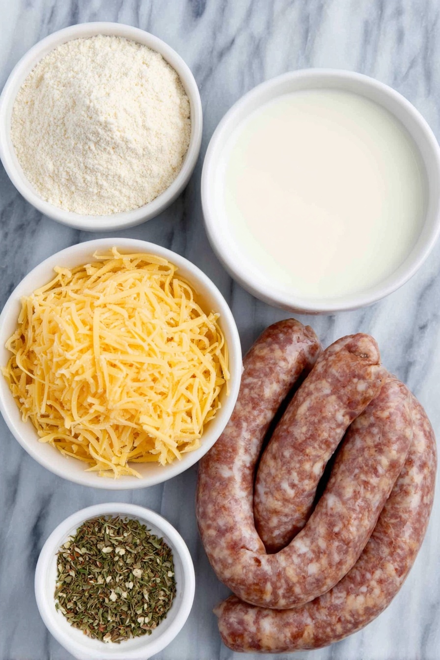 Flat lay of a small mound of pale beige Bisquick baking mix, a raw raw pork sausage link coiled loosely, a small white ceramic bowl filled with creamy milk, grated sharp cheddar cheese piled in a neat heap with vibrant deep orange and pale yellow shreds, and a small white ceramic bowl containing mixed dried Italian seasoning herbs in green and brown hues, all arranged symmetrically on a clean white marble surface, soft natural light, photo taken with an iPhone, professional food photography style, fresh ingredients, white ceramic bowls, no bottles, no duplicates, no utensils, no packaging --ar 2:3 --v 7 --p m7354615311229779997 - Cheddar Sausage Balls with Bisquick, sausage ball recipe, cheesy sausage appetizer, savory sausage snacks, easy sausage balls