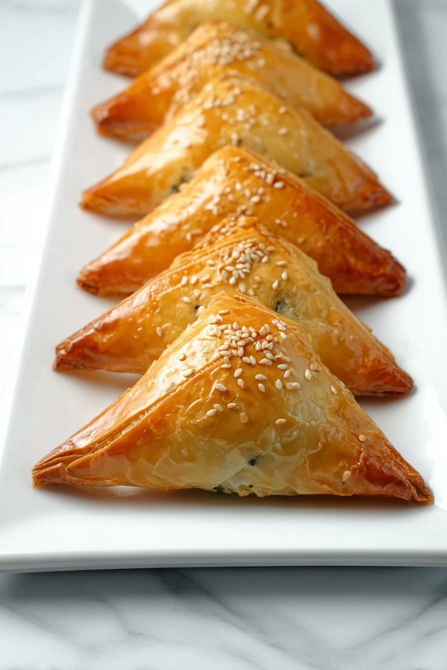 A line of six triangular pastries with a shiny golden-brown crust is placed on a white rectangular plate. Each pastry is topped with a few scattered sesame seeds and shows slight cracks on the surface, suggesting a flaky texture. The pastries are arranged from the front to the back in a neat row, and the plate sits on a white marbled surface. The lighting highlights the glossy finish and soft texture of the pastry crust photo taken with an iphone --ar 2:3 --v 7 - Easy Spinach and Feta Phyllo Triangles, spinach feta phyllo appetizers, Greek spinach feta snacks, flaky spinach feta triangles, quick spinach feta pastry