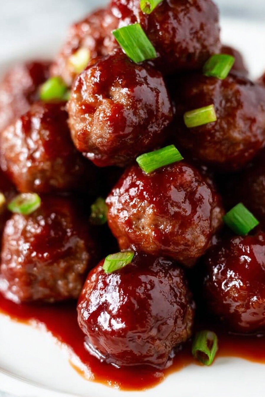 A close-up of many small round meatballs stacked on a white plate, each meatball coated in a thick, shiny dark red sauce that looks sticky and rich. Small pieces of bright green chopped scallions are scattered on and around the meatballs, adding contrast. The sauce pools around the base of the meatballs, enhancing the glossy texture. The background is a white marbled surface. photo taken with an iphone --ar 2:3 --v 7 - Easy Crockpot BBQ Meatballs, crockpot BBQ meatballs, slow cooker meatball recipe, party appetizer ideas, quick dinner recipes