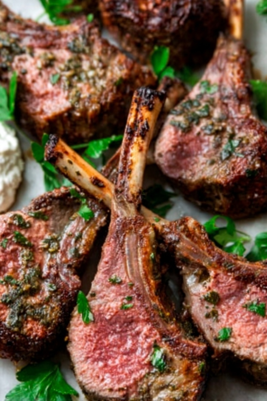 A white plate holds multiple cooked lamb chops arranged closely with their bones pointing outward, showing a mix of brown and pink tones on the meat with a textured herb coating on the surface. The lamb chops are thick with a juicy, tender interior and slightly crispy edges. Small green parsley leaves are scattered around the plate, adding a fresh contrast. In the background, there is a white bowl containing a white sauce with small green herb pieces, all set on a white marbled surface. Photo taken with an iphone --ar 2:3 --v 7 - Garlic Herb Rack of Lamb Roast, Rack of Lamb Recipe, Mediterranean Lamb Roast, Easy Lamb Roast, Elegant Lamb Dinner