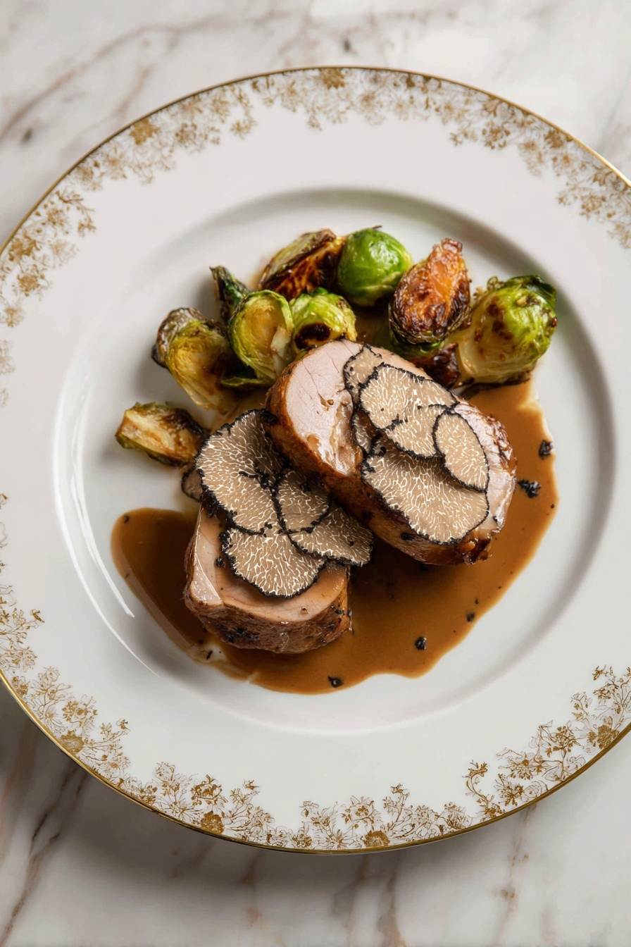 The dish shows two thick slices of cooked meat with a crispy brown outer layer, topped with thin dark brown truffle slices with white veining. The meat rests partly on a pool of shiny brown sauce that has a few small pieces in it. On the side, there are some roasted Brussels sprouts, showing green and toasted brown shades, and a small piece of roasted orange vegetable. All this is arranged neatly on a white plate with a delicate gold and white patterned rim, set on a white marbled surface. photo taken with an iphone --ar 2:3 --v 7 - Roast Christmas Goose with Gravy, Christmas Goose Recipe, Holiday Roast Goose, Festive Roast Goose with Gravy, Elegant Christmas Meat