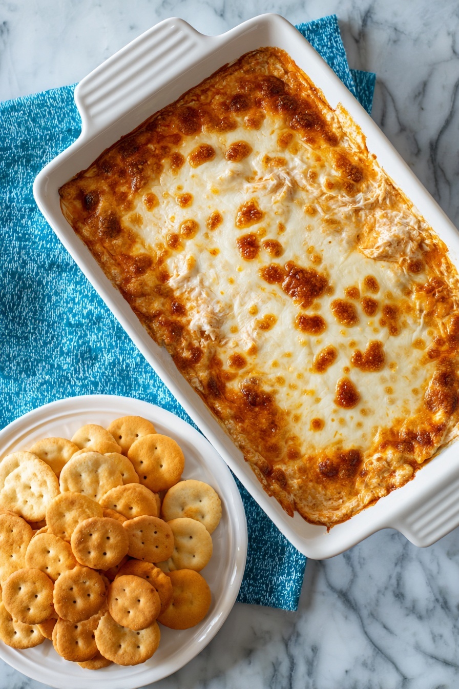 A white rectangular baking dish filled with a baked dip that has a golden brown and slightly crispy cheese layer on top. The dip’s surface looks bubbly and uneven with some darker browned spots, showing a textured melted cheese crust. Next to the dish on a white plate sit different kinds of light orange and tan crackers, some round and some square, placed on a white marbled surface with a blue cloth underneath the baking dish. Photo taken with an iphone --ar 2:3 --v 7 - Spicy Maryland Crab Dip, Maryland Crab Dip, Chesapeake Bay Crab Dip, Old Bay Crab Dip, Spicy Crab Dip