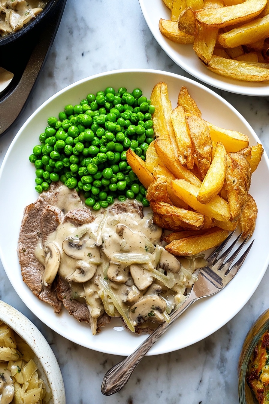 A white round plate holds three main parts: on the left side, two thin slices of cooked meat covered with a creamy beige mushroom and onion sauce, showing visible mushroom slices and onion strands; in the center right, a bright green pile of peas, shiny and round; at the bottom right, a stack of golden-brown potato wedges with crispy edges. A silver fork rests diagonally across the top right edge of the plate on a white marbled surface. Nearby dishes with similar food are partially visible around the plate. photo taken with an iphone --ar 2:3 --v 7 - Creamy Mushroom Hunters Sauce for Steak, steak mushroom sauce, easy steak sauce, homemade mushroom gravy, gourmet steak topping