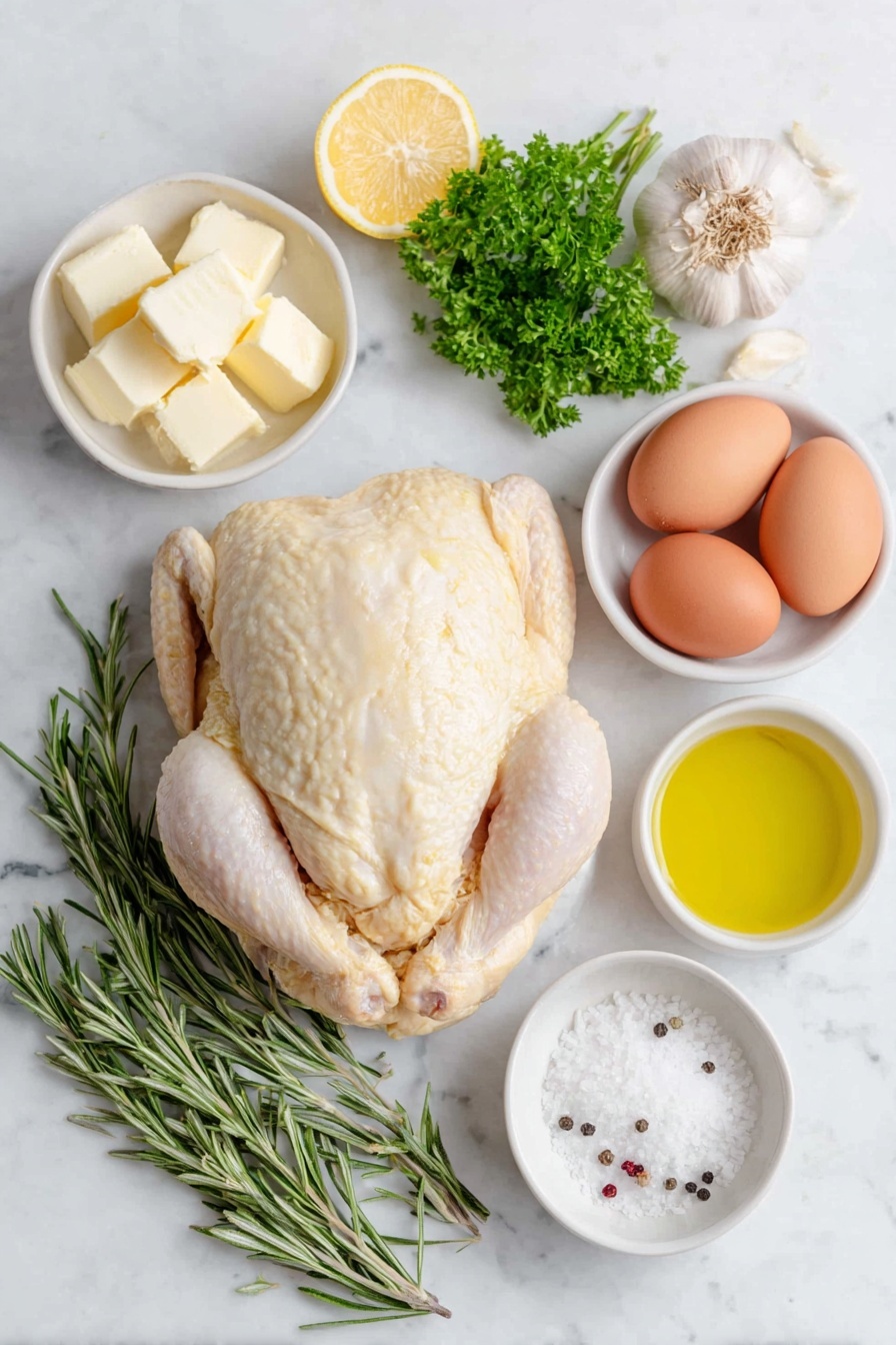 Flat lay of a whole raw chicken with golden skin resting, a few sprigs of fresh rosemary with vibrant green needles, a head of garlic halved horizontally revealing tightly packed cloves, a small bunch of bright green fresh parsley, two lemon wedges with juicy pulp, two brown whole uncracked eggs, a small white bowl filled with clear golden olive oil, a small white bowl with glossy unsalted butter chunks, a small white bowl holding clear golden pan drippings, a small white bowl containing pale white chicken stock, a small white bowl with pale white corn starch powder, a small white bowl of pale amber white wine, coarse sea salt crystals, and freshly cracked black peppercorns artfully scattered, all placed on a clean white marble surface, soft natural light, photo taken with an iPhone, professional food photography style, fresh ingredients, white ceramic bowls, no bottles, no duplicates, no utensils, no packaging --ar 2:3 --v 7 --p m7354615311229779997 - Cast Iron Roast Chicken with Pan Gravy, crispy roast chicken, easy cast iron chicken recipe, juicy roast chicken, homemade pan gravy