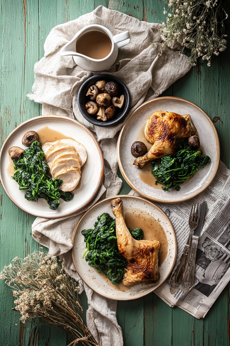 Three white plates sit on a green wooden surface, each with cooked chicken, steamed spinach, and a small black bowl of roasted mushrooms. The top right plate has a whole chicken leg with brown skin, green spinach on the lower side, and the mushroom bowl beside the leg. The plate on the left shows a chicken leg with three sliced pieces facing the spinach. The bottom plate displays several slices of chicken breast with a pile of spinach next to it, and the black bowl of mushrooms rests on the plate edge. A light beige cloth is loosely placed near the top center, and a white ceramic sauce pitcher filled with brown gravy rests on a folded newspaper near the bottom right, with two forks lying nearby. Dried plants decorate the upper left corner. photo taken with an iphone --ar 2:3 --v 7 - Cast Iron Roast Chicken with Pan Gravy, crispy roast chicken, easy cast iron chicken recipe, juicy roast chicken, homemade pan gravy