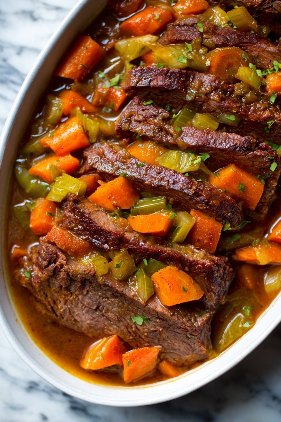 The image shows a close-up of a stew with several layers of tender brown meat slices on the bottom, covered by a thick layer of cooked orange carrot pieces and green celery chunks. The dish is filled with a rich, glossy brown sauce that coats all the ingredients, creating a warm and hearty appearance. The background surface is a white marbled texture. photo taken with an iphone --ar 2:3 --v 7 - Jewish-Style Braised Brisket, braised brisket recipe, slow-cooked beef brisket, holiday brisket dish, comfort food beef recipe