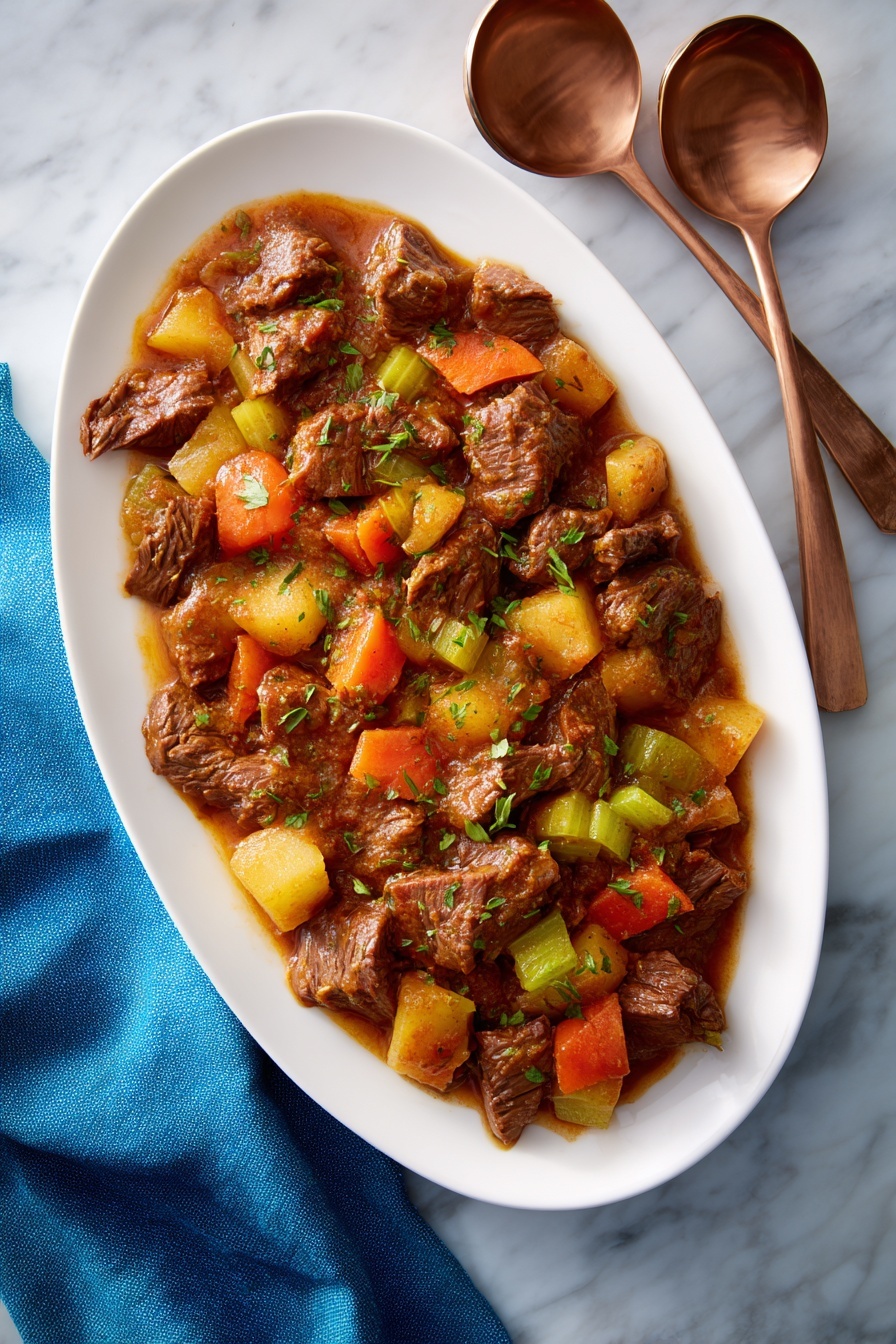 A white oval plate holds a stew made of brown cooked meat pieces mixed with soft orange carrot chunks and pale green celery pieces, all covered in a thick brown sauce with visible small green herb bits on top. The dish sits on a white marbled surface with a blue cloth napkin and two copper serving spoons nearby. photo taken with an iphone --ar 2:3 --v 7 - Jewish-Style Braised Brisket, braised brisket recipe, slow-cooked beef brisket, holiday brisket dish, comfort food beef recipe