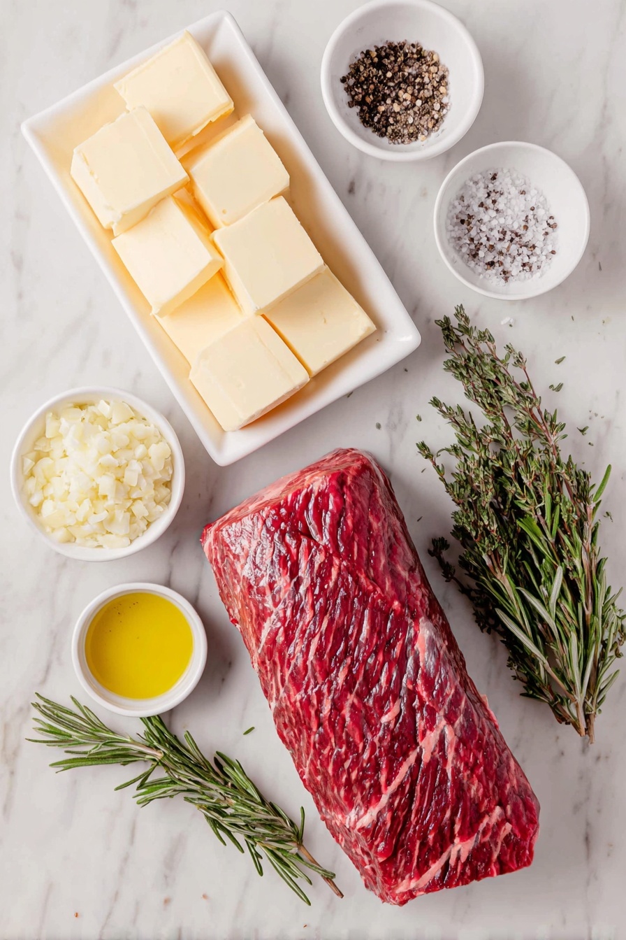 Flat lay of a whole trimmed beef tenderloin, two small neat piles of coarse salt and freshly ground black pepper, a small white bowl of golden avocado oil, a white ceramic dish with three softened salted butter cubes, a small white bowl of finely minced fresh garlic, a small white bowl with smooth creamy prepared horseradish, a few sprigs of fresh rosemary with some leaves minced and scattered, all arranged symmetrically on a clean white marble surface, soft natural light, photo taken with an iPhone, professional food photography style, fresh ingredients, white ceramic bowls, no bottles, no duplicates, no utensils, no packaging --ar 2:3 --v 7 --p m7354615311229779997 - Million Dollar Beef Tenderloin Roast, Beef Tenderloin Roast recipe, gourmet beef roast, tender beef main dish, impressive beef entrees