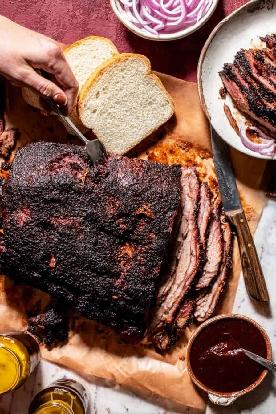 A large piece of dark, grilled meat with a textured, crispy outer layer lies on brown parchment paper, covering most of the white marbled surface. To the top right, thin rings of pale purple onions sit in a small white bowl. Next to the meat, on the left, are five slices of soft, white bread stacked loosely. A woman's hand holds a fork stabbing the meat from the left side, while a knife slices it nearby. On the far right, a white plate holds two pieces of the sliced meat with a small amount of dark sauce beside them. A small bowl filled with thick, dark reddish-brown sauce is placed near the bottom right corner. Photo taken with an iphone --ar 2:3 --v 7 - Texas Smoked Brisket, smoked brisket recipe, how to make Texas smoked brisket, best smoked brisket, Texas barbecue brisket