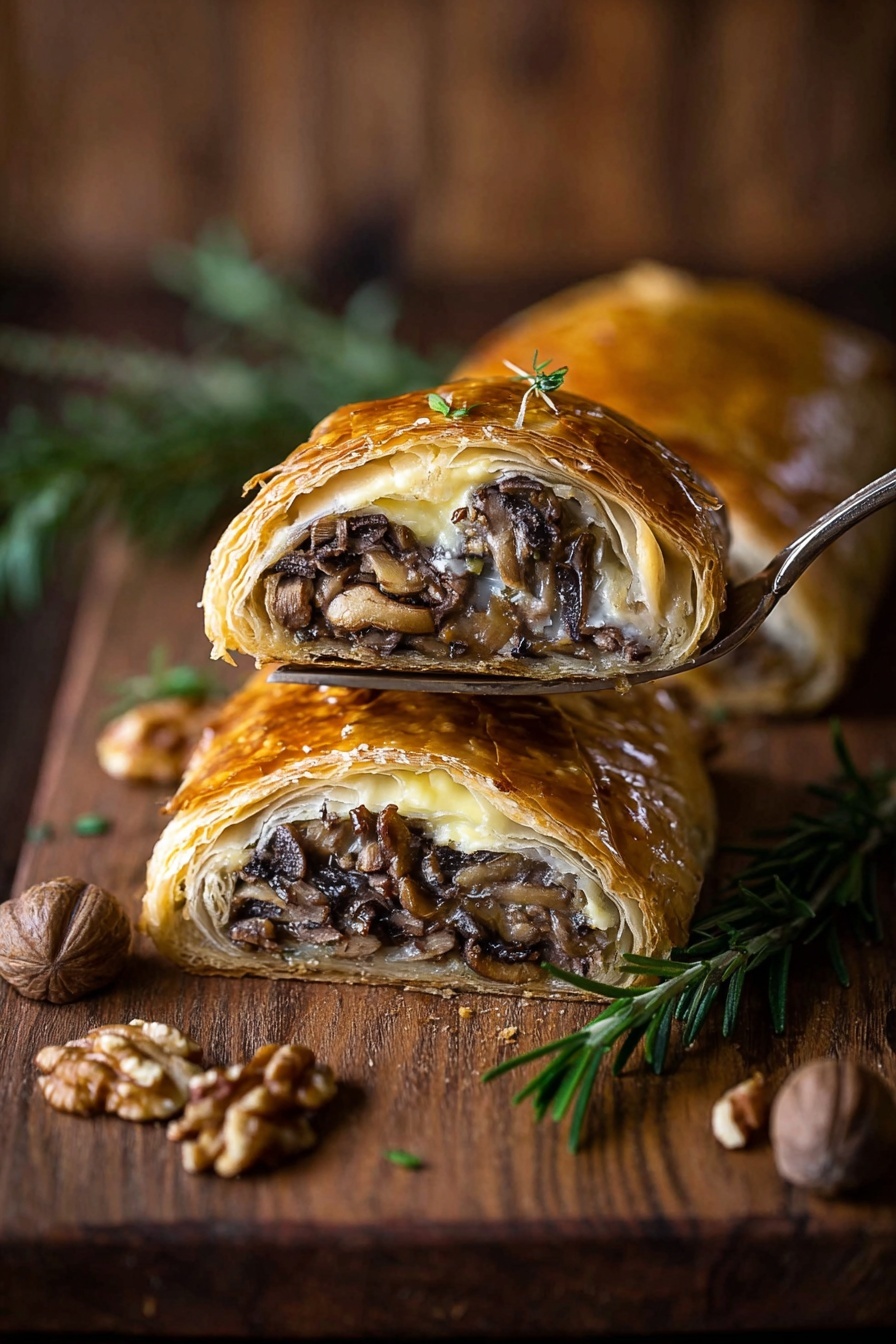 A golden-brown puff pastry filled with a dark mushroom mixture is shown on a wooden board. The whole pastry is cut into two pieces, with each piece revealing layers of flaky crust and a moist, textured mushroom filling inside. Two small sprigs of fresh green rosemary rest on top of the pastry and the cut pieces. Near the bottom right of the board, a small pile of brown pecan nuts adds contrast. A golden spatula is placed under one pastry slice on the left, and a navy blue cloth is to the upper left. The background is a white marbled texture photo taken with an iphone --ar 2:3 --v 7 - Vegan Mushroom Wellington with Pecans, mushroom Wellington recipe, plant-based Mushroom Wellington, vegan holiday Wellington, savory mushroom and pecan Wellington