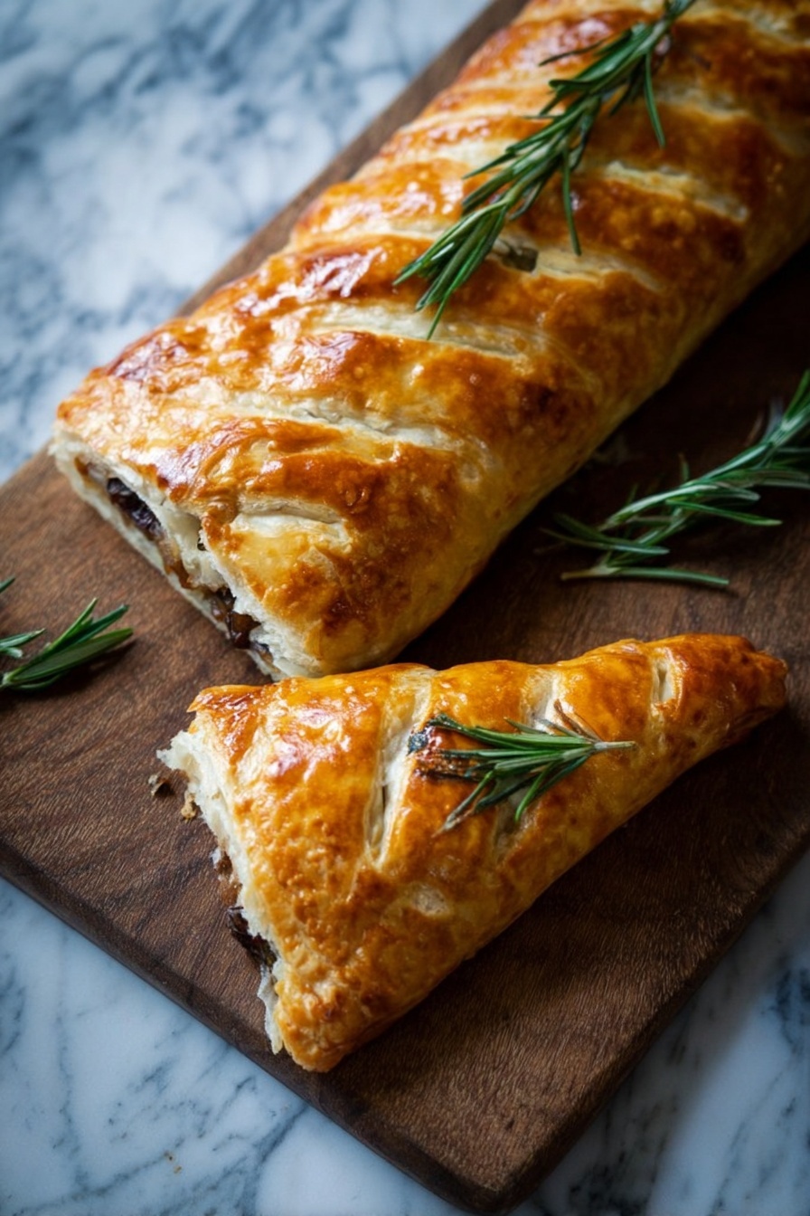 The image shows a golden brown baked pastry with a glossy surface, resting on a wooden board. The pastry is long and rectangular, with slits cut in a diagonal pattern along the top layer, revealing a dark filling inside. One smaller, triangular piece is cut from the pastry and placed in front, topped with a small green rosemary sprig. Another longer rosemary sprig lies across the top of the whole pastry. The background surface has a white marbled texture. photo taken with an iphone --ar 2:3 --v 7 - Vegan Mushroom Wellington with Pecans, mushroom Wellington recipe, plant-based Mushroom Wellington, vegan holiday Wellington, savory mushroom and pecan Wellington