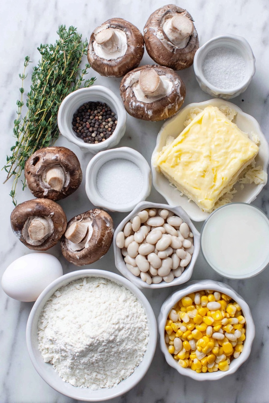 Flat lay of fresh cremini mushrooms sliced, a small mound of finely chopped yellow onion, three whole uncracked garlic cloves, a few bright green sprigs of fresh thyme leaves, a small white bowl with coarse kosher salt, a small white bowl with black peppercorns, a small white bowl of all-purpose flour, a small white bowl of whole milk, a small white bowl of clear vegetable broth, a handful of partially thawed mixed vegetables including carrots, peas, and corn, a small pile of rinsed white navy beans, a small mound of grated Parmesan cheese, a simple round unbaked pie crust, a single whole uncracked brown egg placed next to a small white bowl with water for the egg wash, placed on a clean white marble surface, soft natural light, photo taken with an iPhone, professional food photography style, fresh ingredients, white ceramic bowls, no bottles, no duplicates, no utensils, no packaging --ar 2:3 --v 7 --p m7354615311229779997 - Creamy Vegetable Pot Pie, vegetable pot pie, comfort food recipes, healthy veggie pot pie, easy dinner ideas