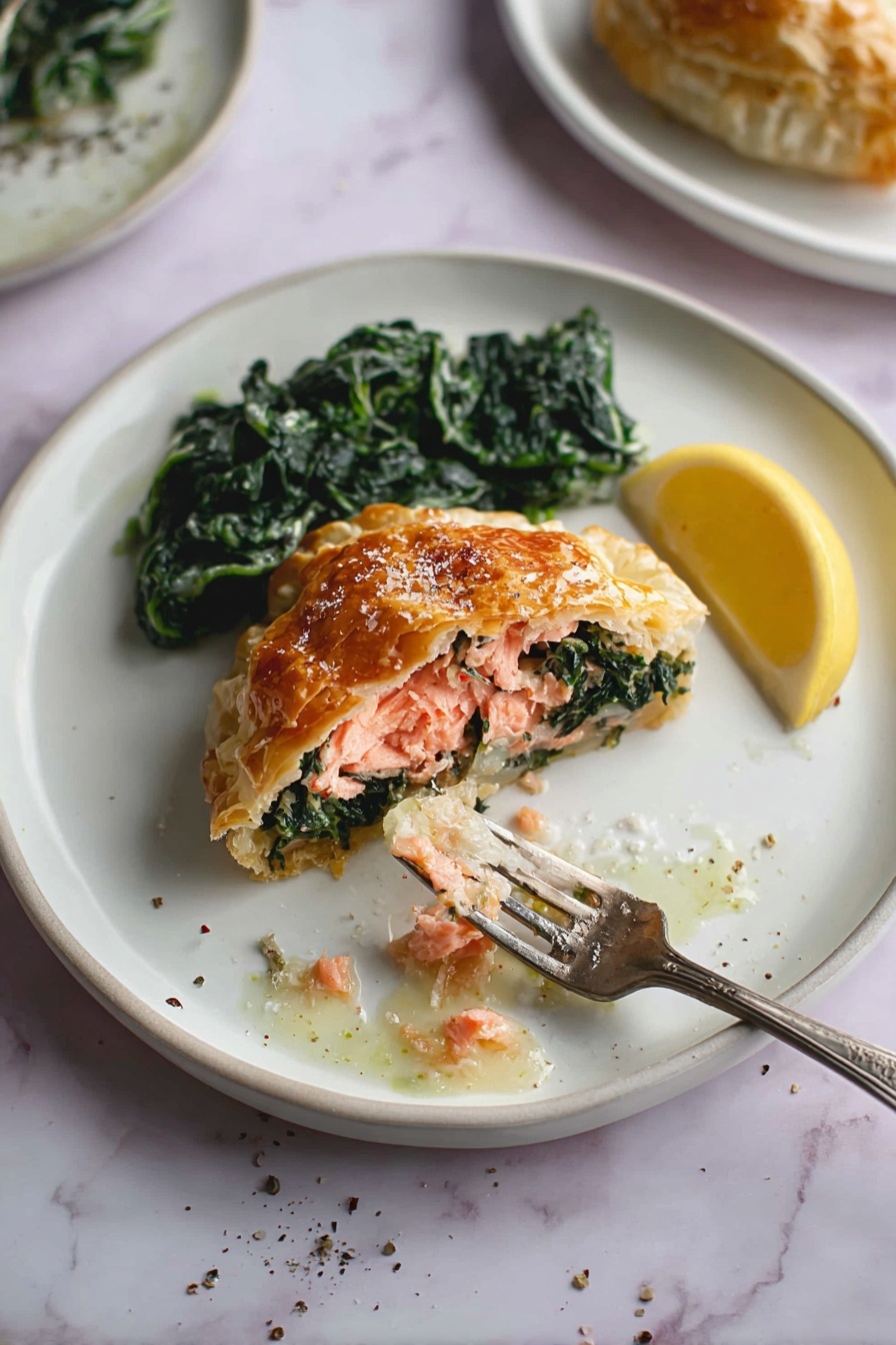 A white plate holds a piece of golden brown pastry with a flaky texture layered on the outside, filled inside with pink cooked fish and dark green leafy spinach, showing a clear separation of three layers. To the left of the pastry is a creamy pile of cooked spinach with a glossy, smooth texture, where a silver fork pierces it. Below the pastry is a wedge of bright yellow lemon with a slightly glossy surface. There are small crumbs and black pepper specks scattered on the plate. The setting is on a white marbled surface with part of another white plate visible in the top right, holding more pastry pieces. Photo taken with an iphone --ar 2:3 --v 7 - Salmon en Croûte with Spinach and Puff Pastry, Salmon en Croûte recipe, Elegant salmon dishes, Flaky puff pastry salmon, Easy gourmet salmon recipe