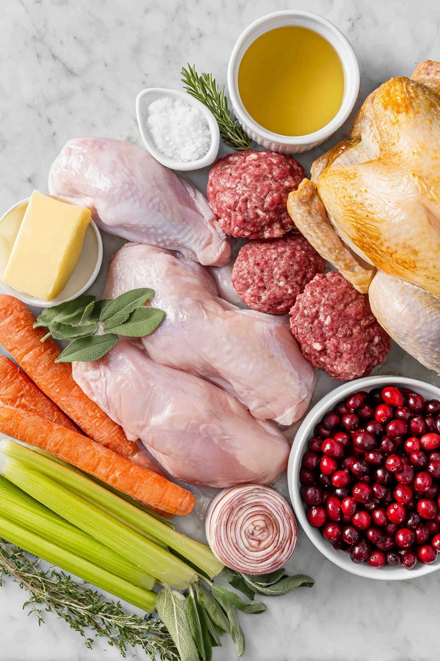 Flat lay of a whole raw turkey with golden skin, two plump boneless skinless chicken breasts, two pink boneless skinless chicken thighs, two glossy boneless skinless duck breasts, two boneless duck legs without skin and bones, a small white ceramic bowl filled with water, a small white ceramic bowl with rich golden chicken broth, a rustic mound of coarse salt crystals, a coil of raw pork sausage, a half stick of pale yellow butter, three fresh celery ribs with bright green leaves, one small round yellow onion, one vibrant orange carrot, five fresh green sage leaves, a small bunch of fresh thyme sprigs, two packages of rustic cornbread slices stacked neatly, and a small white ceramic bowl overflowing with fresh red cranberries – all arranged in perfect symmetry on a clean white marble surface, soft natural light, photo taken with an iPhone, professional food photography style, fresh ingredients, white ceramic bowls, no bottles, no duplicates, no utensils, no packaging --ar 2:3 --v 7 --p m7354615311229779997 - Healthy Turducken, Turkey Duck Chicken Roast, Healthy Stuffed Poultry, Nourishing Holiday Main Dish, Juicy Small-Footprint Celebration