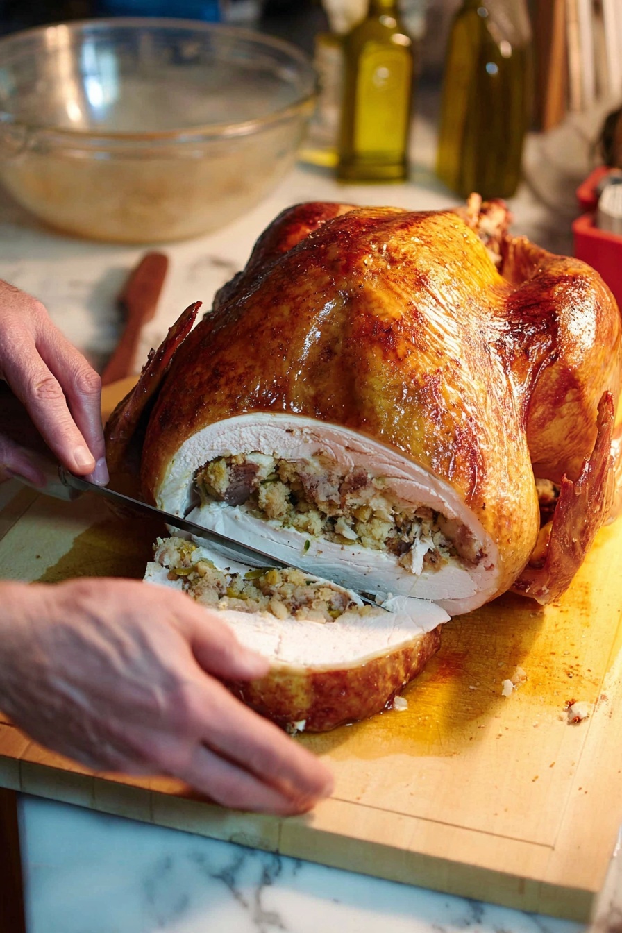 A roasted turkey is open on a wooden board with the skin golden brown and shiny. Inside, there is a thick layer of stuffing with a rough texture, showing bits of vegetables in light brown and orange. Around the stuffing inside, several slices of white turkey meat are neatly laid out, soft and juicy in appearance, while the turkey wings and legs remain attached and have a crispy, darker brown skin. The background shows a clear measuring cup and some kitchen items on a white marbled surface. A large knife with a dark handle lies next to the turkey. Photo taken with an iphone --ar 2:3 --v 7 - Healthy Turducken, Turkey Duck Chicken Roast, Healthy Stuffed Poultry, Nourishing Holiday Main Dish, Juicy Small-Footprint Celebration