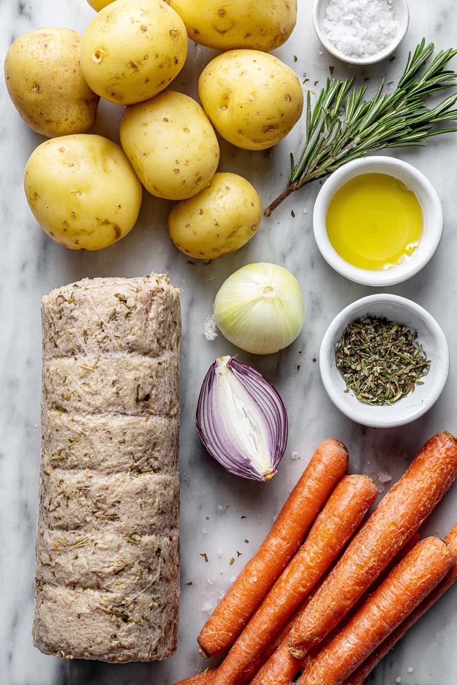 Flat lay of a whole unwrapped Tofurky roast with a natural textured surface, several large chunks of raw Yukon Gold potatoes with their golden yellow skin, two large bright orange carrots cut into large chunks, one small yellow onion halved to show its layers, five peeled large garlic cloves, a few sprigs of fresh green rosemary, fresh chopped rosemary scattered neatly, a small white ceramic bowl filled with golden olive oil, and a small white ceramic bowl containing coarse salt, all ingredients fresh and natural, perfectly arranged with balanced spacing and symmetry, placed on a clean white marble surface, soft natural light, photo taken with an iPhone, professional food photography style, fresh ingredients, white ceramic bowls, no bottles, no duplicates, no utensils, no packaging --ar 2:3 --v 7 --p m7354615311229779997 - Vegan Tofurky Roast with Roasted Vegetables, plant-based roast, vegan holiday main dish, vegetarian roast recipe, vegan holiday centerpiece