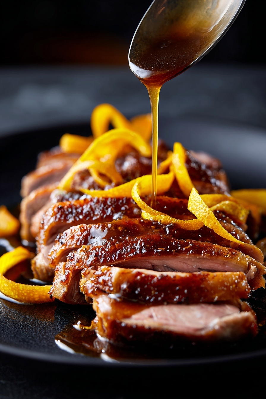 The dish shows several thick slices of cooked duck with brown, crispy skin on top and light pinkish meat inside, arranged close together on a black plate. Thin orange peel strips lie on the duck slices. A spoon pours a glossy brown sauce over the duck and orange peel, adding shine to the meat. The background is dark and blurry, making the duck the focus. photo taken with an iphone --ar 2:3 --v 7 - Duck à l'Orange, Duck à l'Orange recipe, French duck dish, orange sauce duck, easy duck recipes