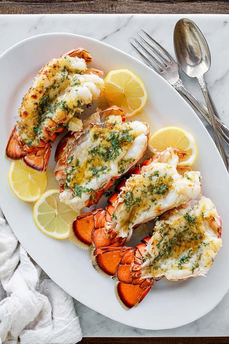 A white oval plate holds three lobster tails arranged side by side, each with a bright orange shell visible at the back and white meat topped with a golden, slightly browned herb butter sauce sprinkled with green herbs. Between and around the lobster tails are several lemon wedges adding a soft yellow color. The plate sits on a white marbled surface, next to a silver spoon and fork on the right side, and a woman's hand slightly visible near a white cloth on the left side. photo taken with an iphone --ar 2:3 --v 7 - Broiled Lobster Tail with Garlic Butter, lobster tail recipes, seafood dinner ideas, easy lobster recipes, elegant seafood dishes