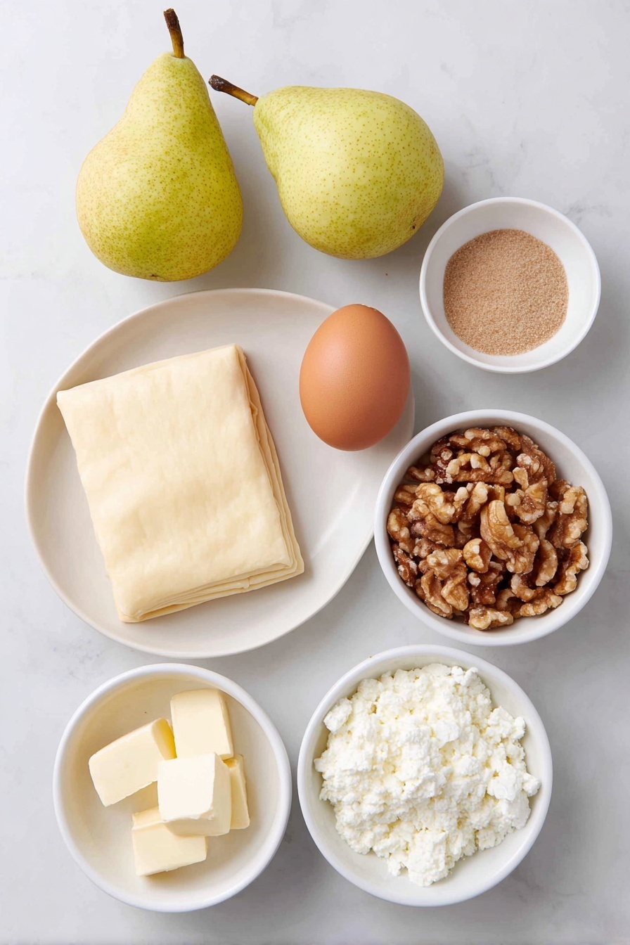 Flat lay of a sheet of thawed puff pastry cut into four squares on a simple white ceramic plate, two fresh ripe pears—one whole and one sliced into quarters and thin slices, a small white bowl of unsalted butter cubes, a small white bowl filled with lightly packed brown sugar, a small white bowl with a pinch of salt, one whole uncracked brown egg with a clean shell, a small white bowl of creamy crumbled blue cheese (gorgonzola), and a small white bowl containing roughly chopped walnuts, all arranged with perfect symmetry and balanced proportions, placed on a clean white marble surface, soft natural light, photo taken with an iPhone, professional food photography style, fresh ingredients, white ceramic bowls, no bottles, no duplicates, no utensils, no packaging --ar 2:3 --v 7 --p m7354615311229779997 - Caramelized Pears and Blue Cheese Tart, pear and blue cheese tart, caramelized pear dessert, fancy tart recipes, elegant fruit tart