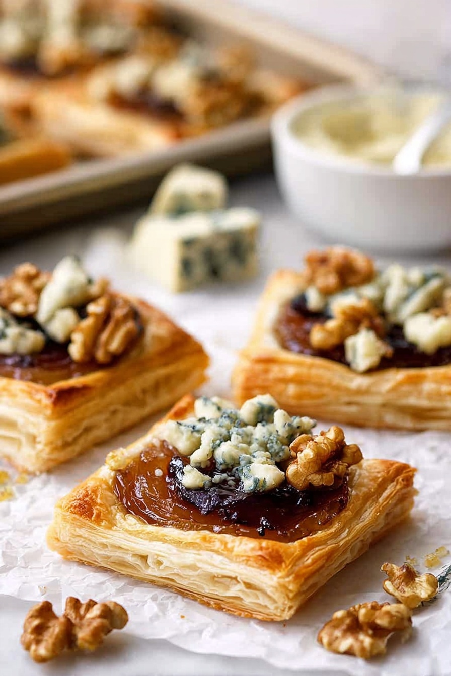 A close-up view of square puff pastry tartlets on a white marbled surface, each layered with a golden-brown flaky crust at the bottom, caramelized fruit in the middle with a shiny dark glaze, and topped with crumbled blue cheese and chopped walnuts scattered unevenly. In the background, more tartlets are placed on a baking tray lined with parchment. Surrounding the tartlets are chunks and small pieces of blue cheese, a white bowl filled with creamy white sauce, and a knife placed near the cheese. The image has a soft focus on the background, emphasizing the front tartlet’s texture and colors. Photo taken with an iphone --ar 2:3 --v 7 - Caramelized Pears and Blue Cheese Tart, pear and blue cheese tart, caramelized pear dessert, fancy tart recipes, elegant fruit tart