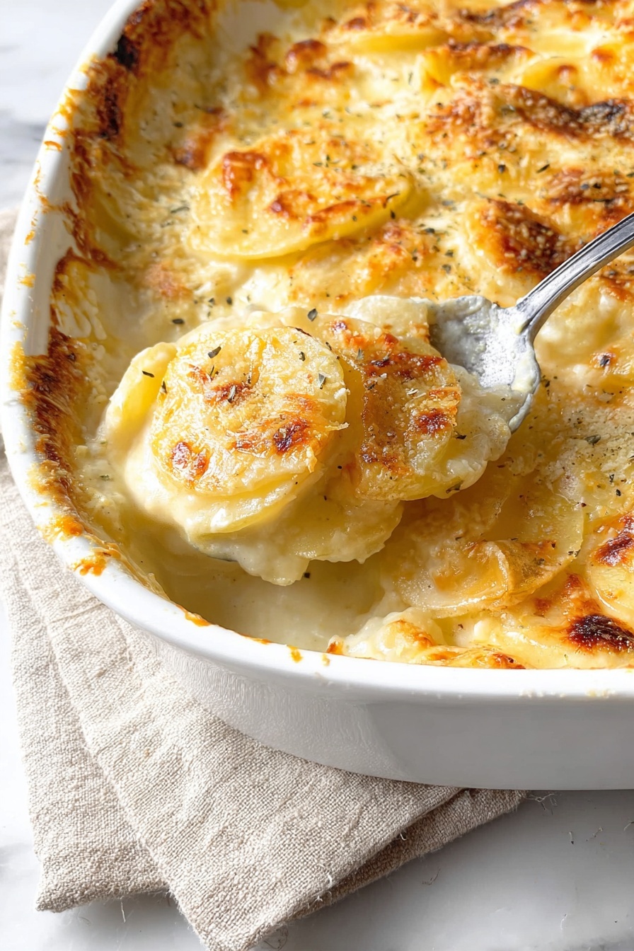 The image shows a close-up of a white baking dish filled with creamy potato gratin. The dish has multiple layers showing thin potato slices covered in a rich, creamy sauce with a golden brown melted cheese crust on top. The cheese is bubbly and slightly browned, with some finely grated cheese sprinkled over the surface. A spoon is lifting a portion of the gratin, revealing soft, tender potato slices beneath the cheesy layer. The dish rests on a beige cloth on a white marbled surface. photo taken with an iphone --ar 2:3 --v 7 - Creamy Cheesy Scalloped Potatoes, scalloped potato casserole, cheesy potato side dish, comfort food recipes, easy scalloped potatoes